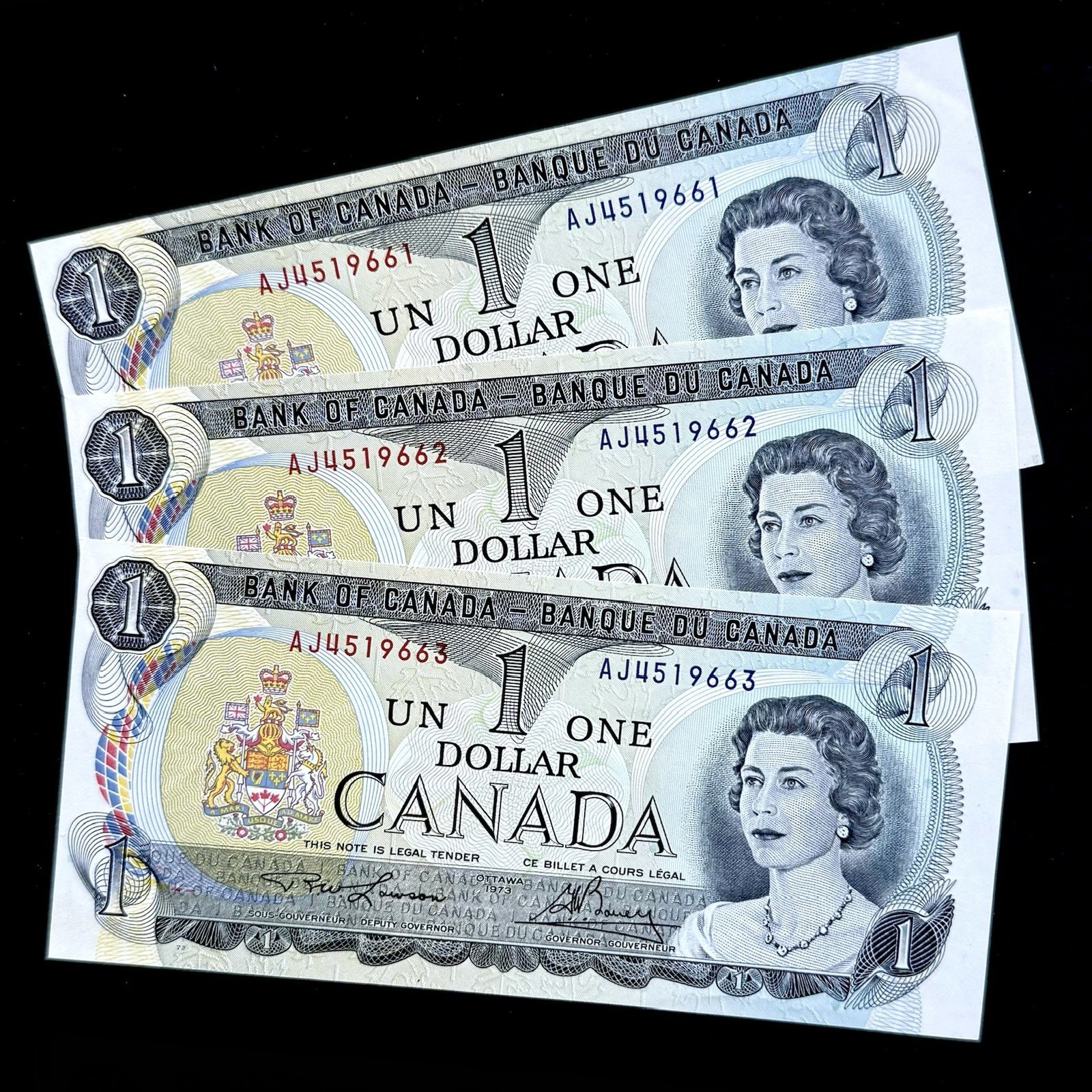 UNC 1973 Canada $1 One Dollar Banknotes Consecutive Paper Money Prefix AJ Lot 3