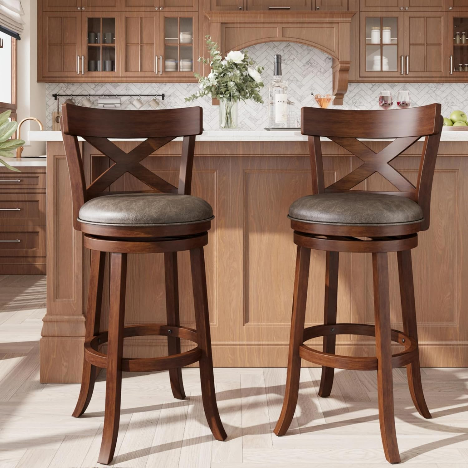 Swivel Bar Stools with Backs, 30 Inch Bar Stools Set of 2, Wooden Bar Stools, 36