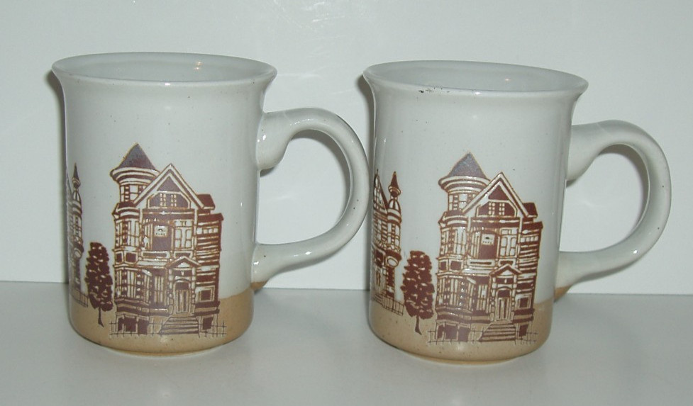 Set of Two Handled Mugs with Victorian House Designs, Never Used, Not Marked