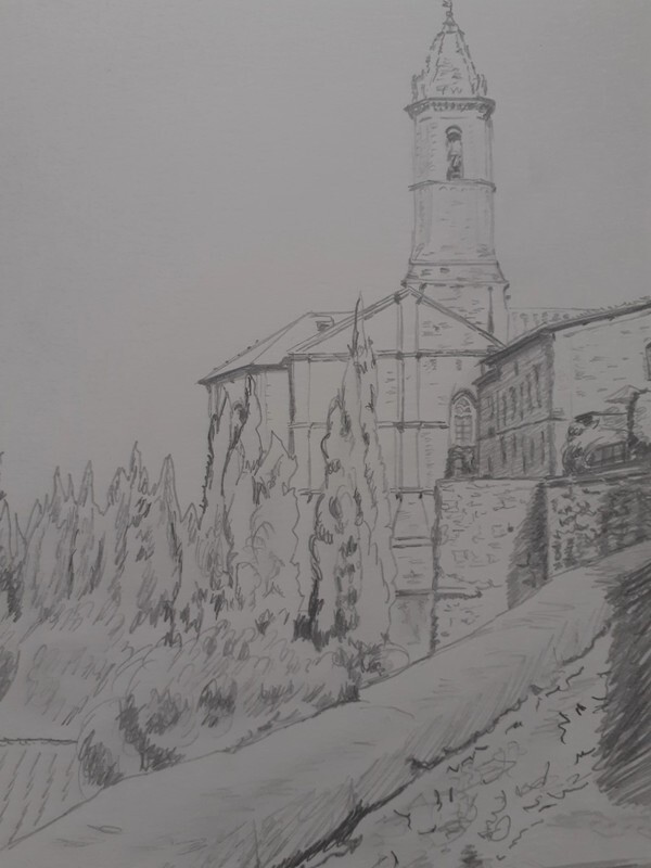 A4 original pencil drawing of a beautiful Hilltop Tuscan village with Bell Tower