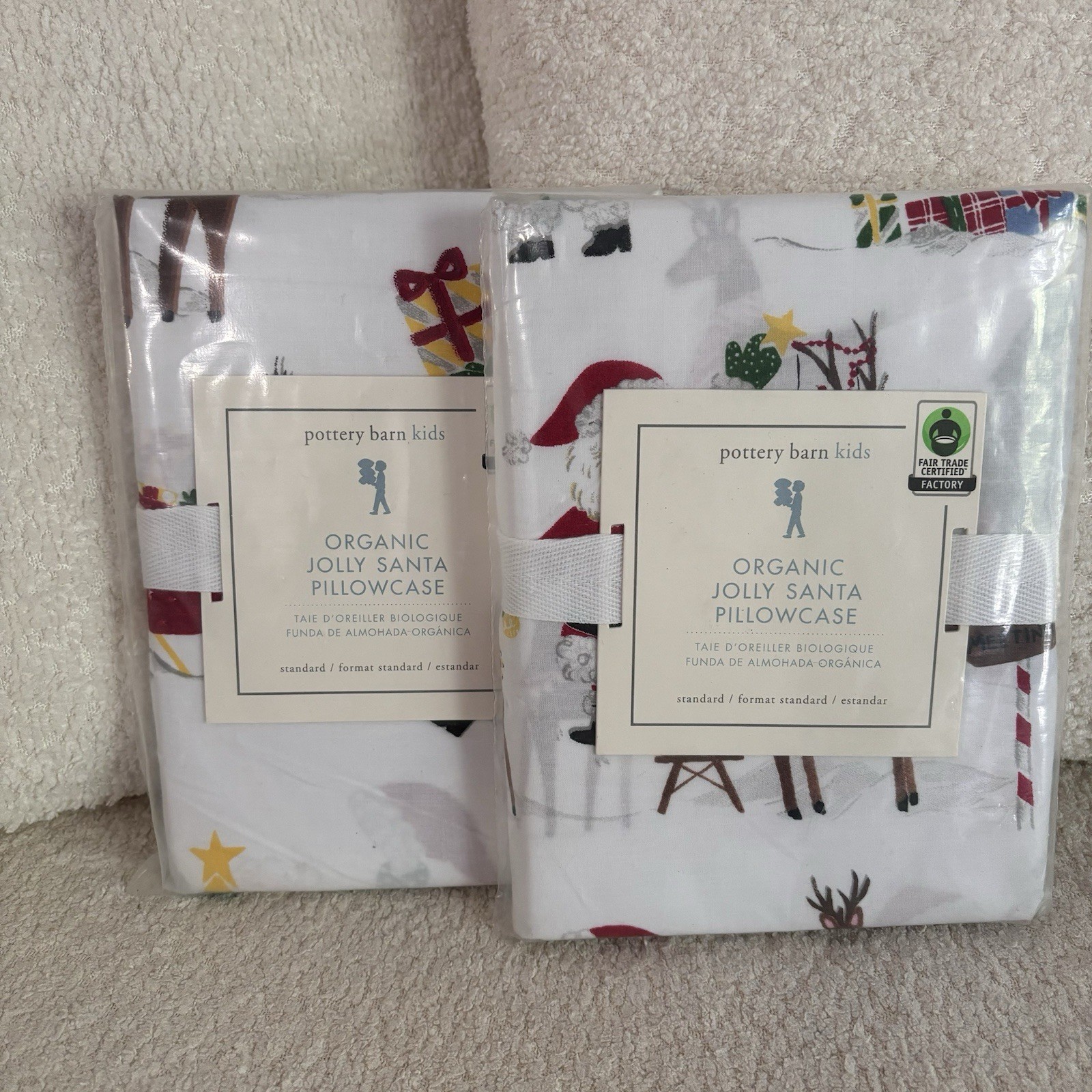 Pottery Barn Kids Organic Jolly Santa pillowcases NEW set of 2