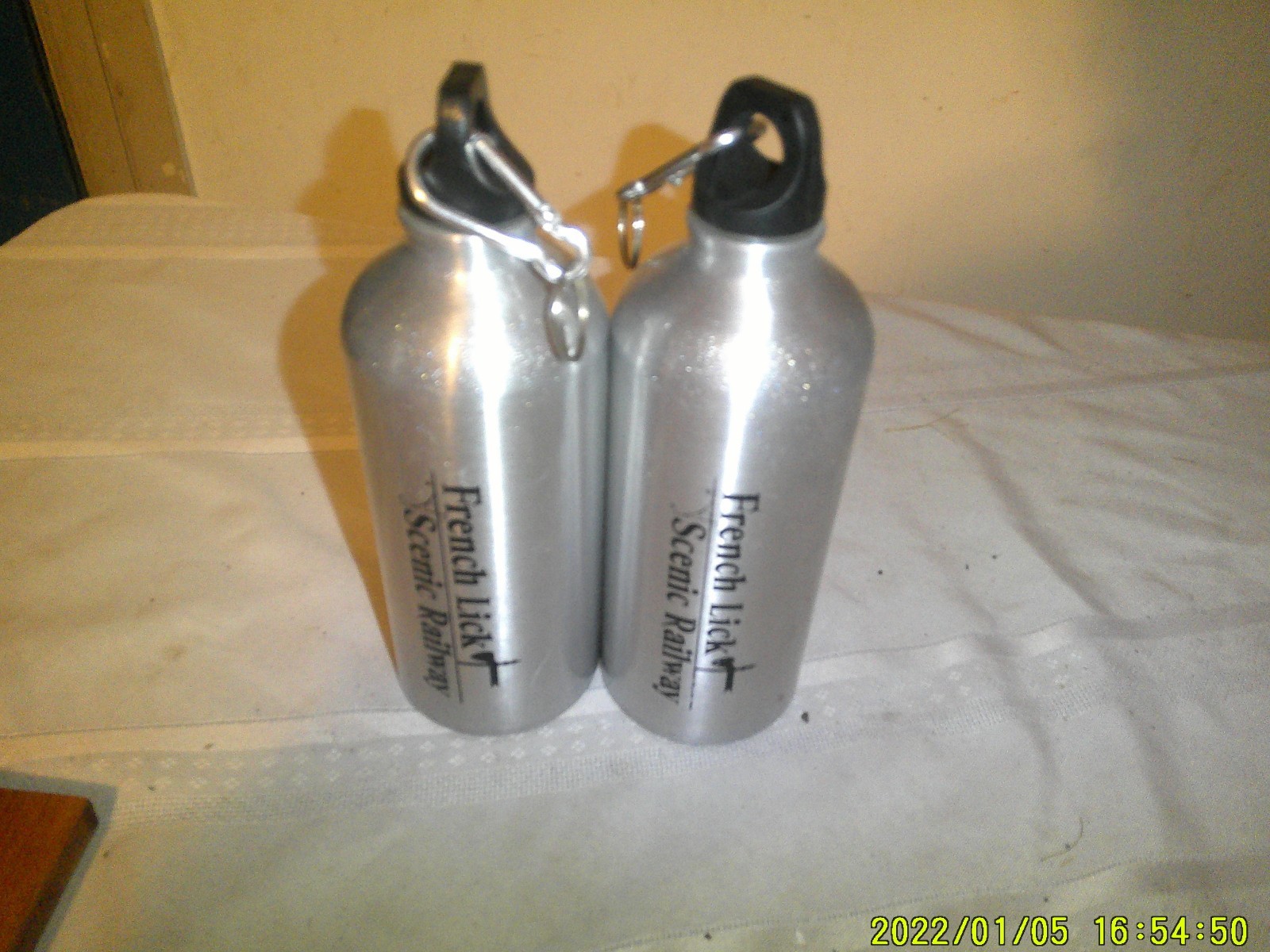 2 ALUMINIUM FRENCJ LICK SCENIC RAILWAY WATER BOTTLES NEVER USED HAVE CLIPS