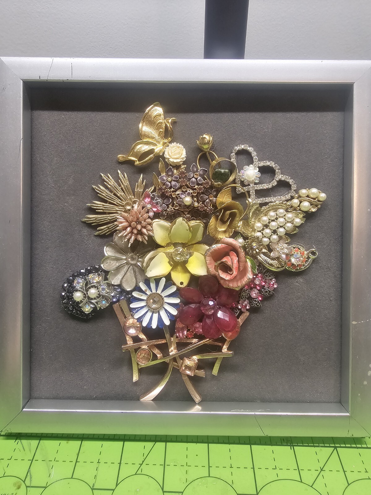 Framed Jewelry Art  Mixed Media Vintage and Contemporary Floral