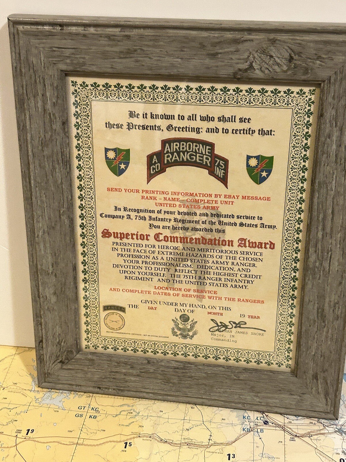 U.S. ARMY - 75TH RANGER / A CO - SUPERIOR COMMENDATION AWARD CERTIFICATE