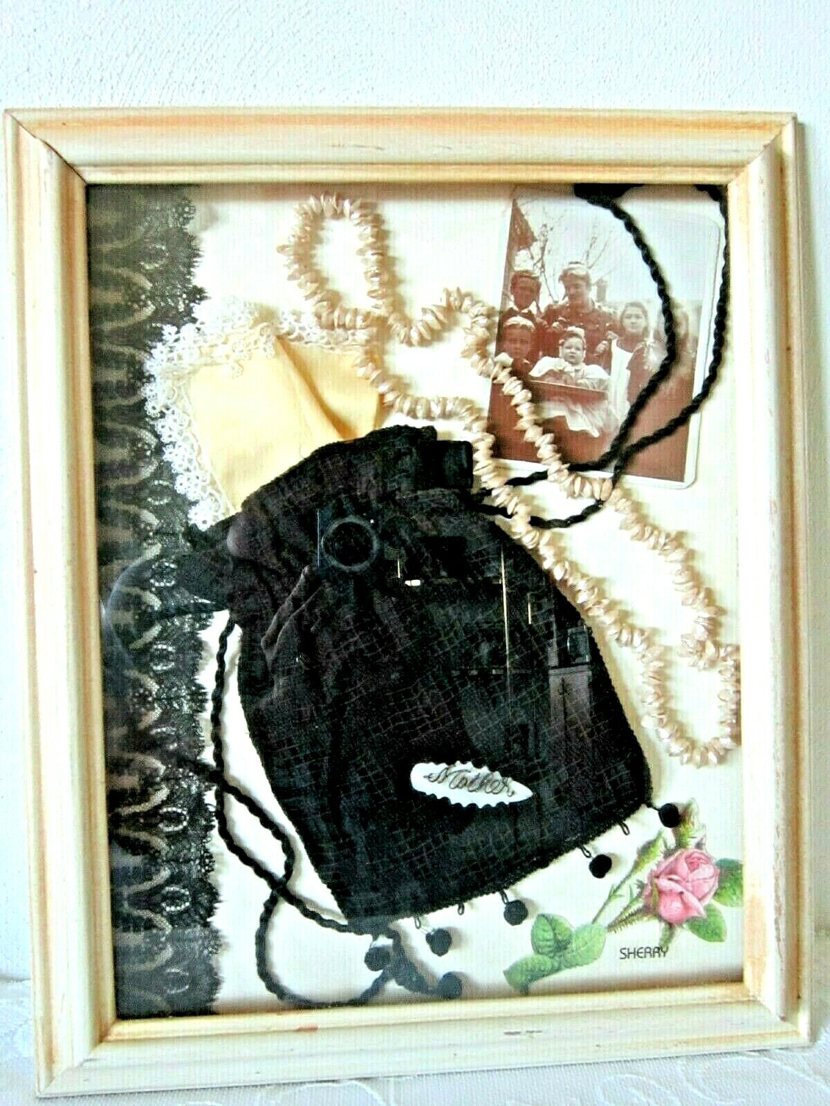 Vtg Handmade Mother's Framed Collage 1896 Photo Shell Necklace 16.5 x 13.5 x 1.5