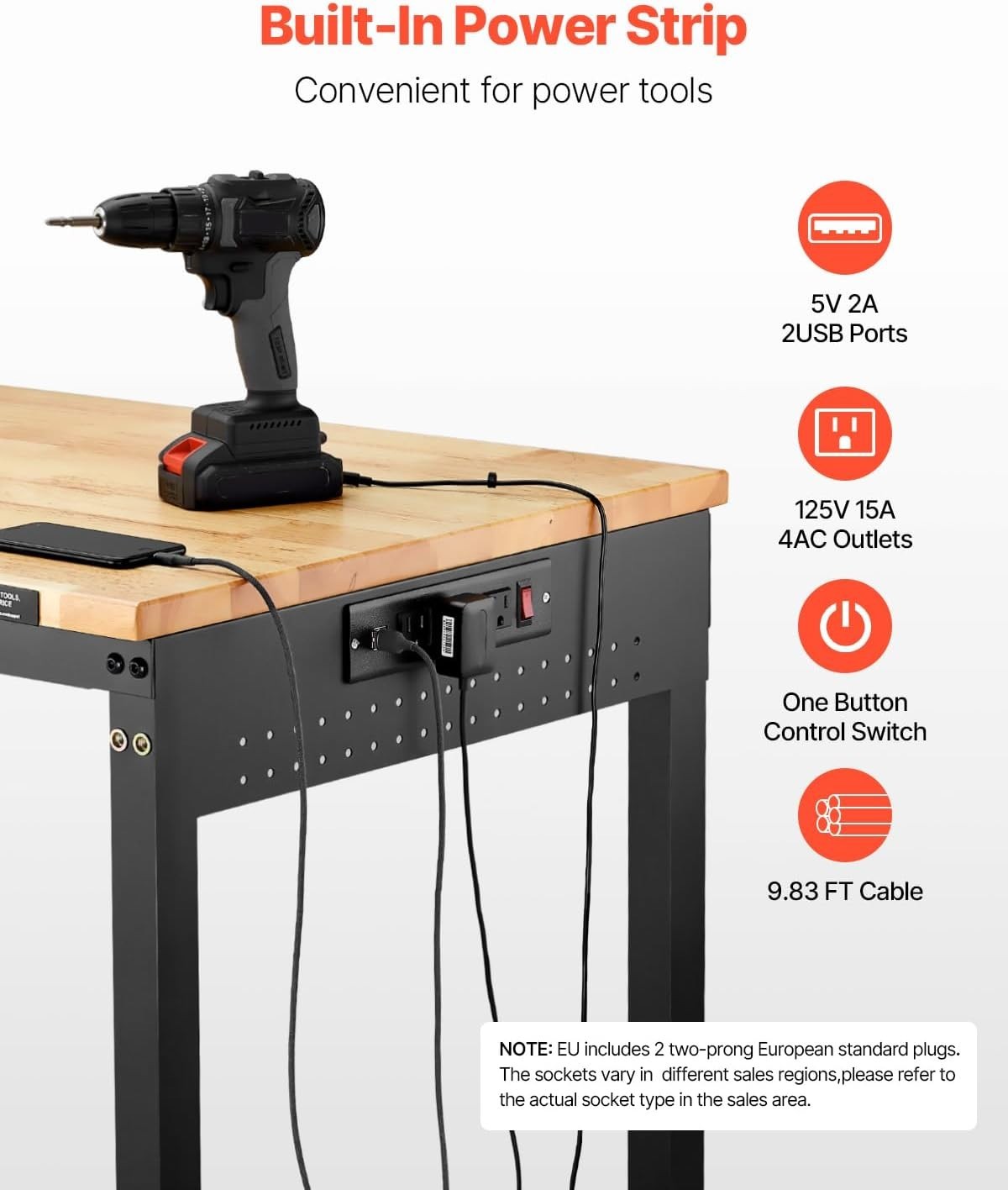 Adjustable Oak Workbench, 2000lb Load, Power Outlet, Wheels