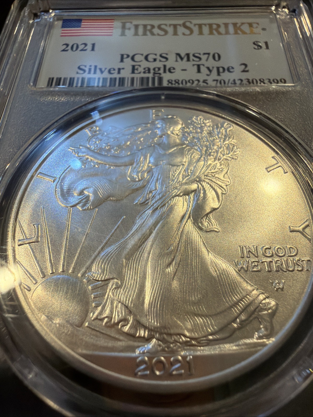 2021 W $1 Silver American Eagle PCGS MS70 First Strike 💎 Blue Flag