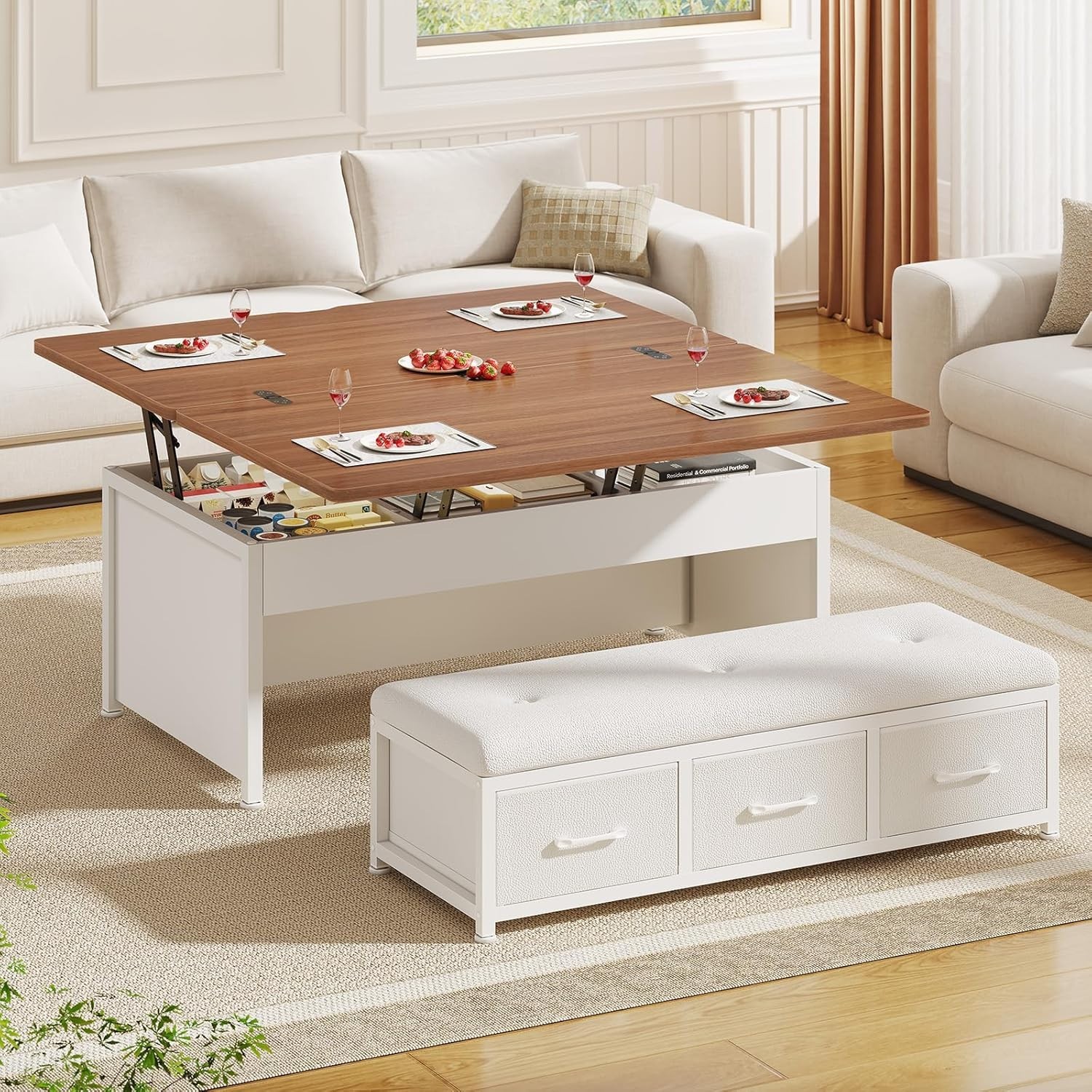 Modern Lift Top Coffee Table Set, 43'' Center Table with Storage & Ottoman Bench