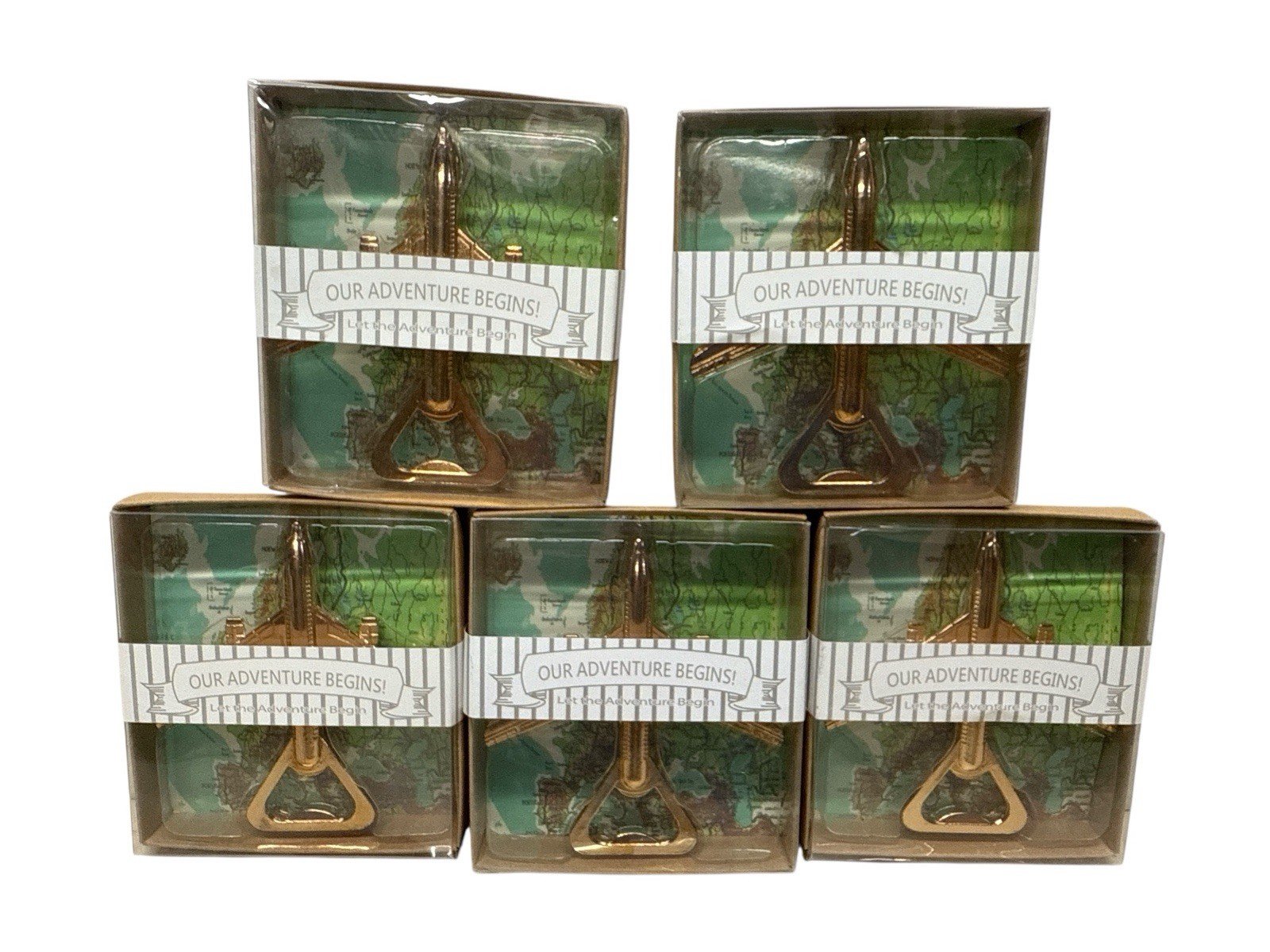 OUR ADVENTURE BEGINS LOT OF 5 NEW METAL AIRPLANE BOTTLE OPENERS NEW IN BOX!