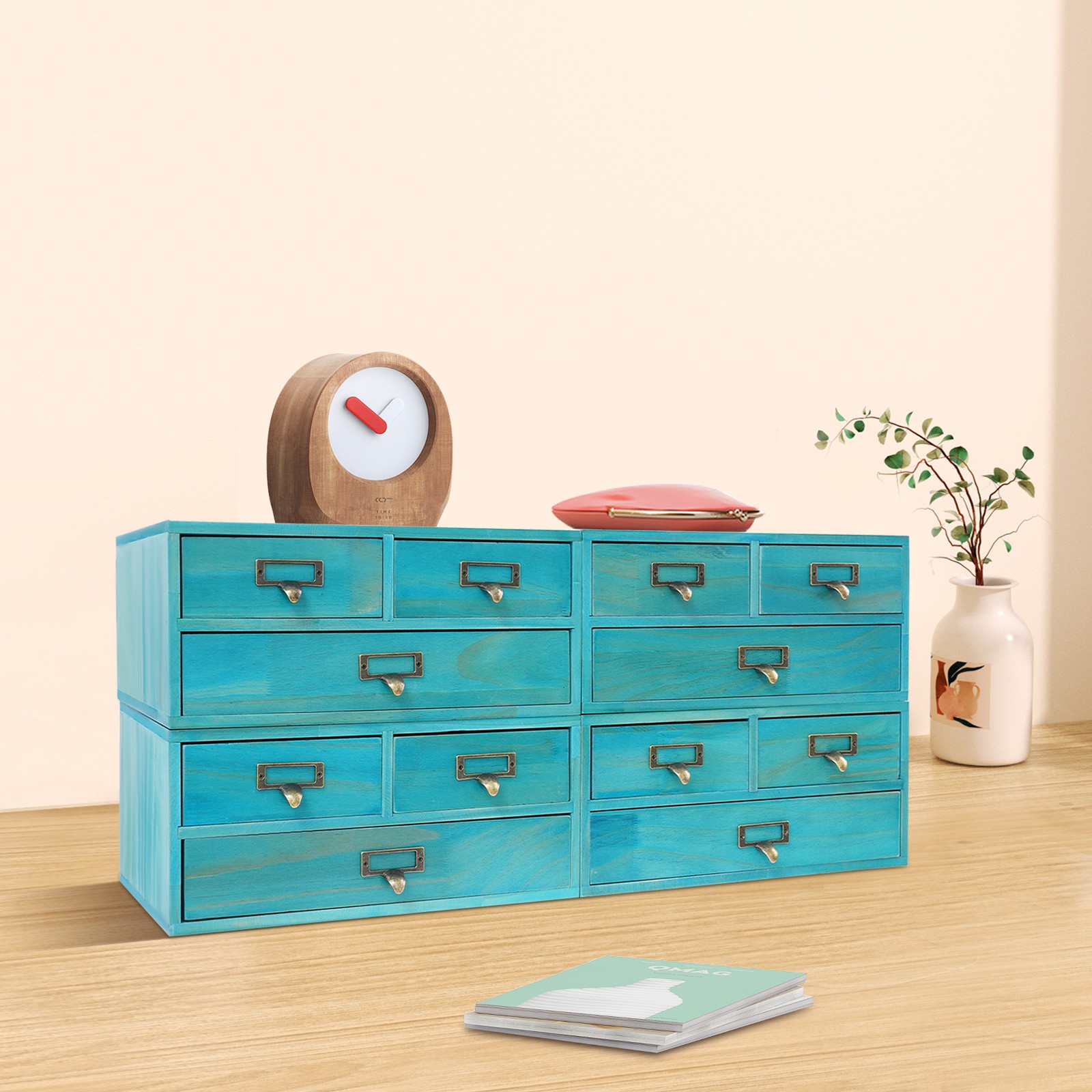 Wooden Desktop Organizer, Wooden Storage 3 Drawers for Tabletop Blue NEW