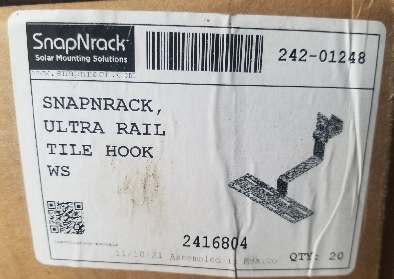 Lot of Ten(10) SnapNrack 242-01248 Ultra Rail Tile Hook WS Solar Roof Brackets
