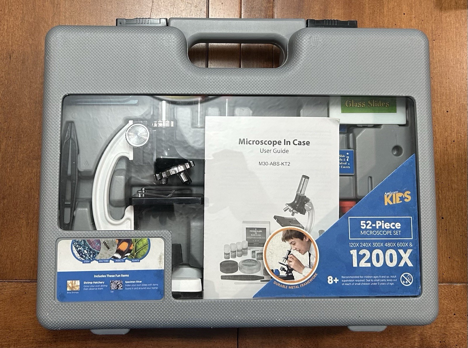 AmScope Kids 52-Piece Microscope Set Beginner Kit Biological Metal Framework