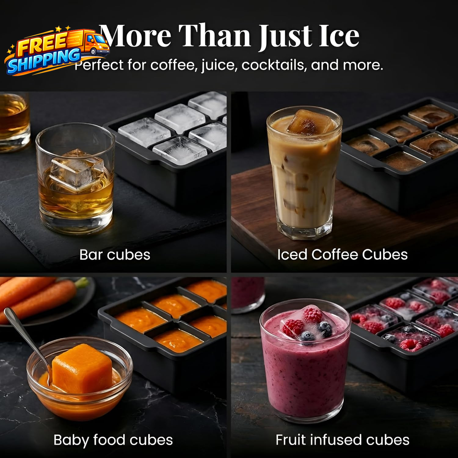 Large Silicone Ice Cube Tray (2-Pack), Easy Release 2" Big Ice Cubes - Cocktail,