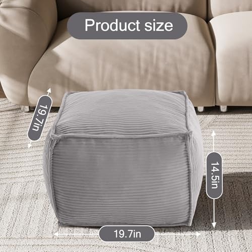 Stuffed Pouf Ottoman Foot Rest, Corduroy Floor Pouf Foot Square Light Grey