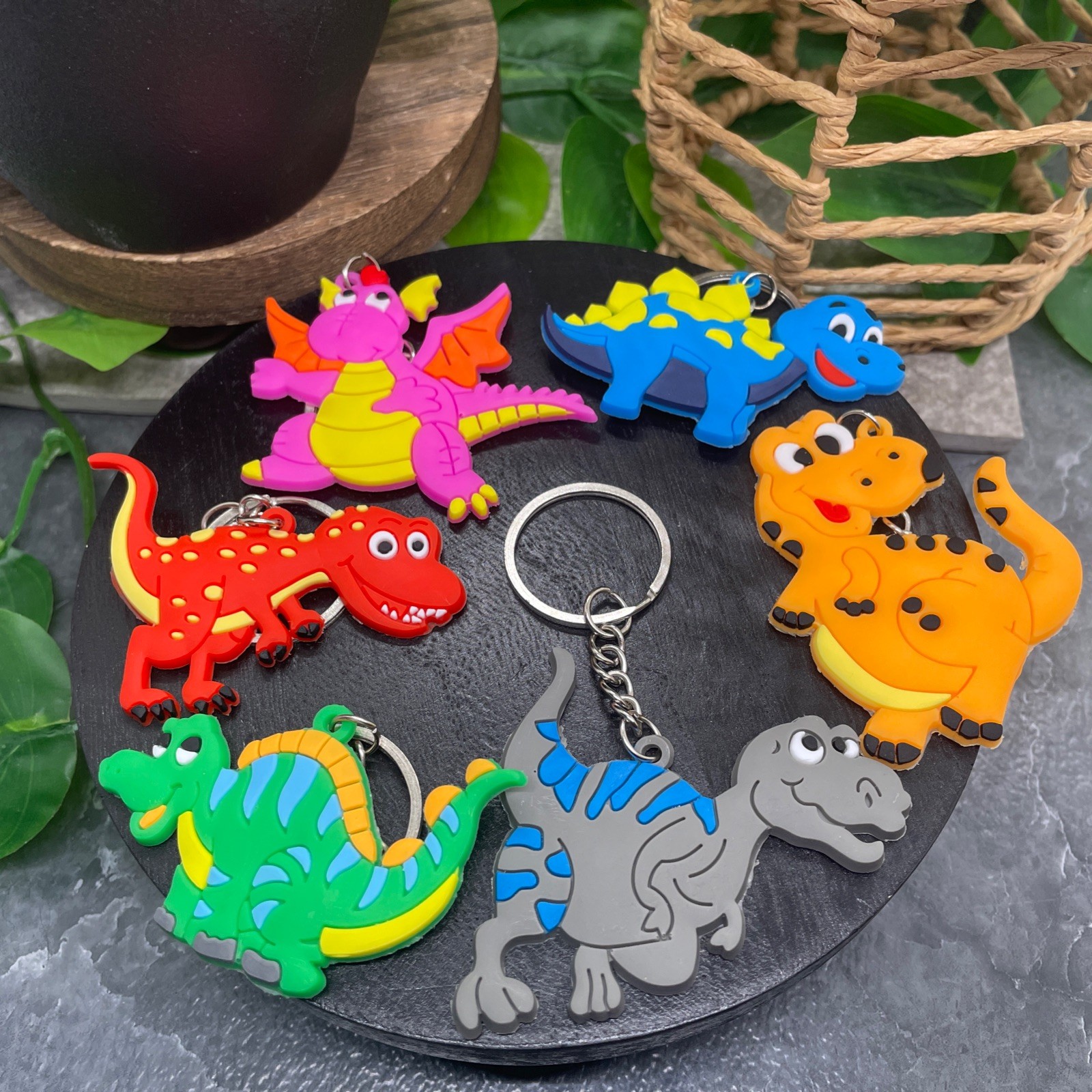 6 PC Dinosaur Tumbler Charm Novelty Party Favor PCV 3.5” Keychain Set New B653