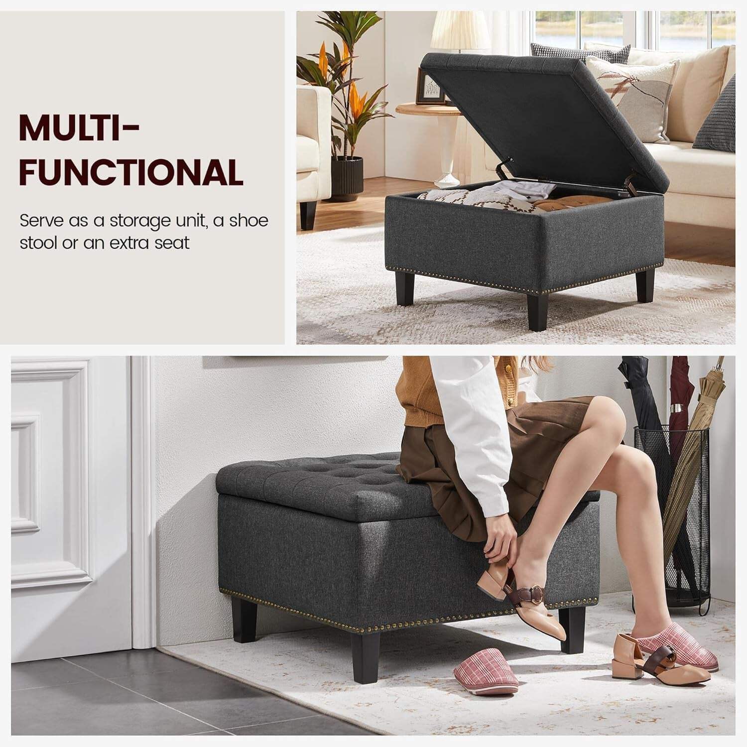 28 Inch Entryway Ottoman Bench Charcoal With Storage