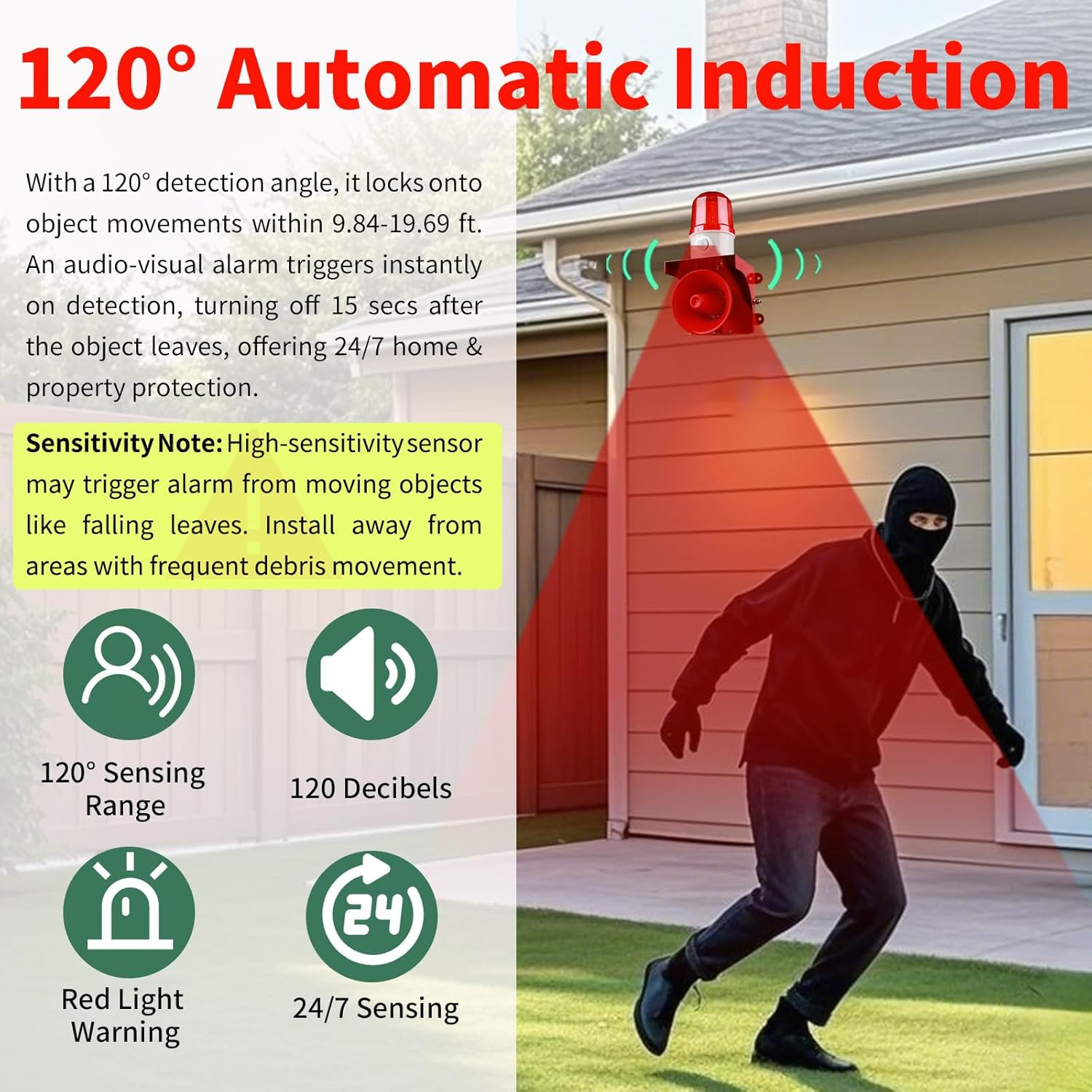 Motion Sensor Alarm with Human Detection,120Db Adjustable Siren & LED Strobe Lig
