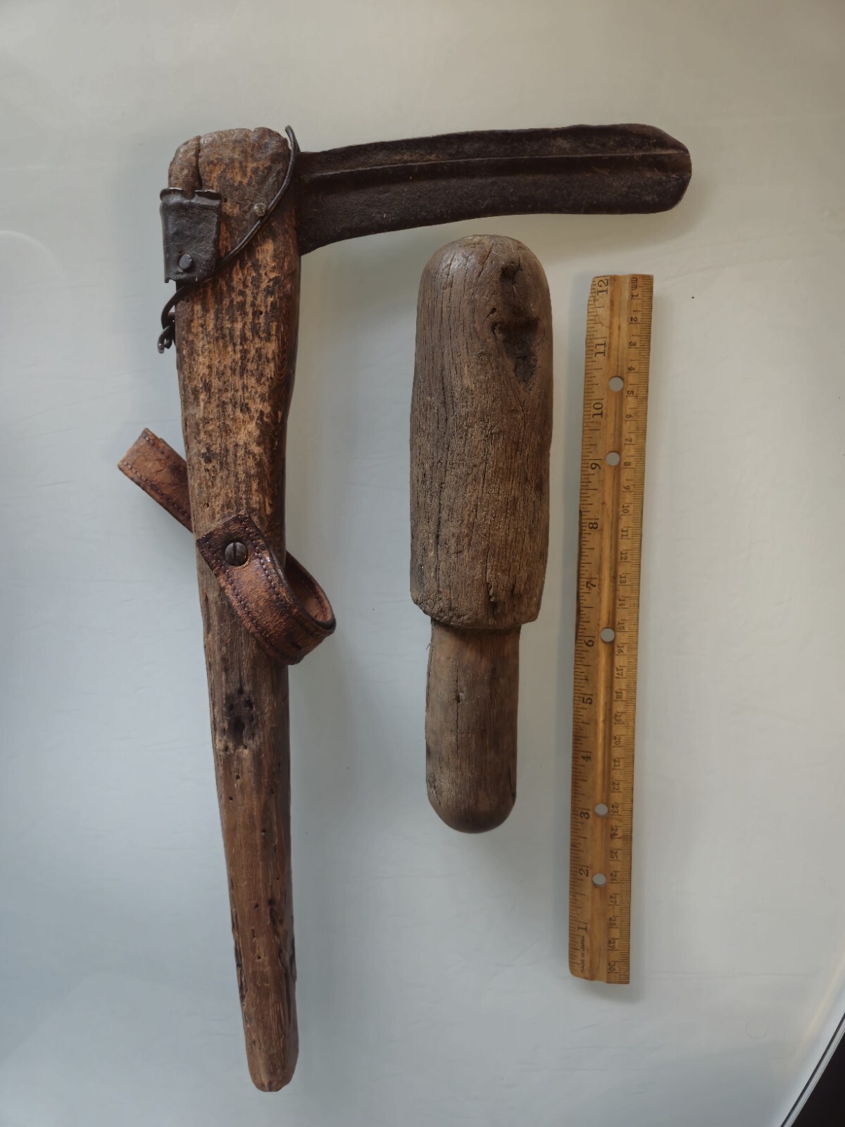 Antique Primitive Wooden  Mallet And  Sickle Unknown Origin.