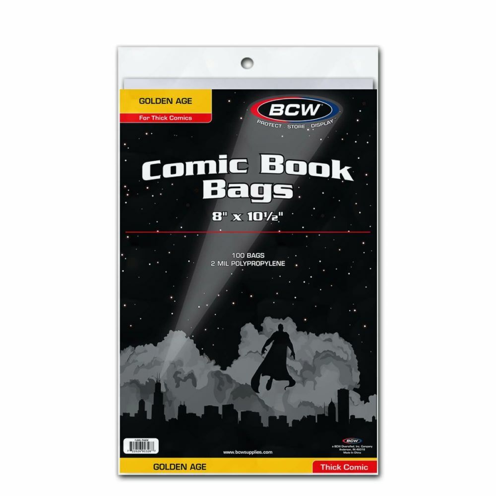 200 BCW Poly Bags For Golden Age Thick Comic Books 2 Mil Acid 2 Packs Holder NEW