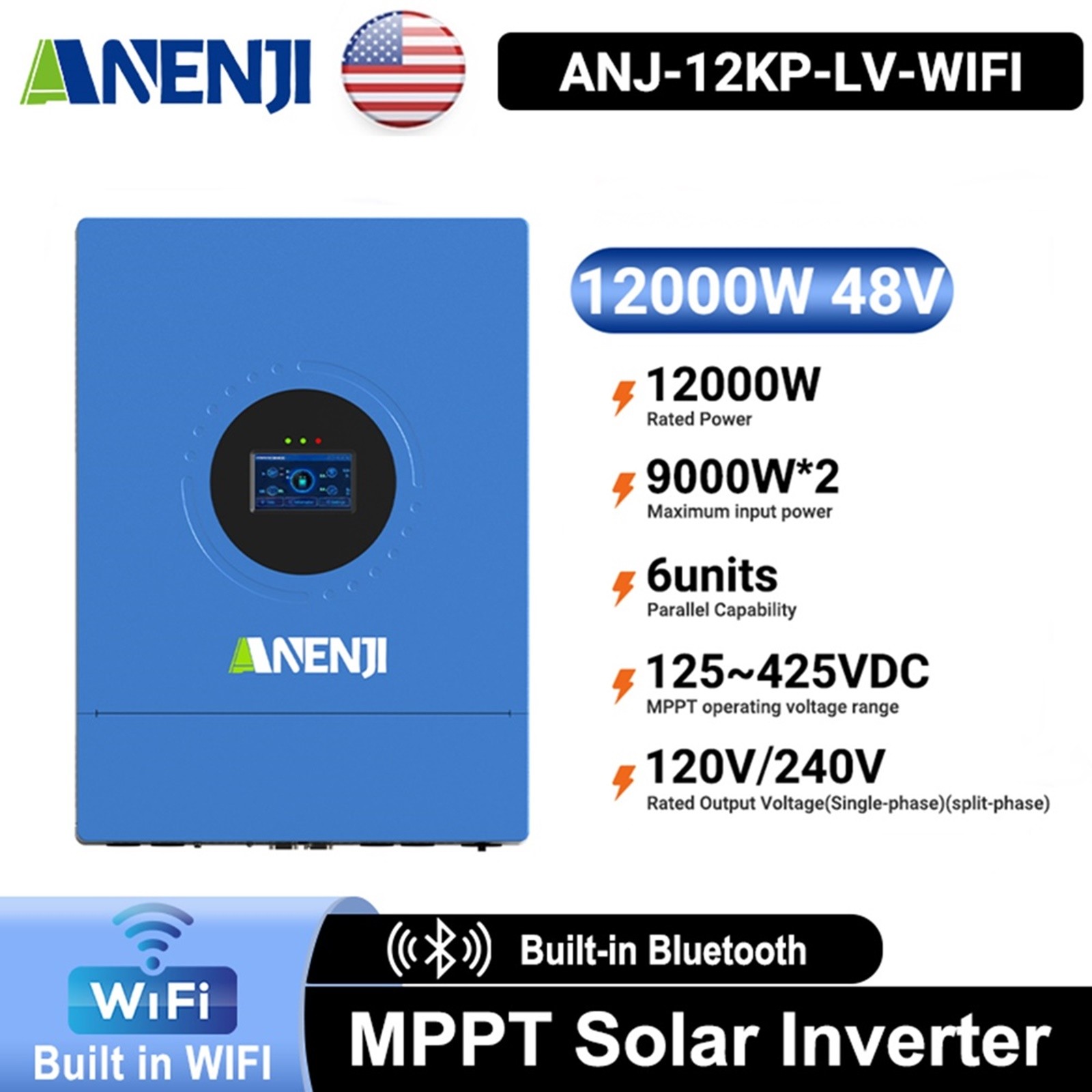 12000W 48V Hybrid Solar Inverter Split Phase 120V/240V Dual MPPT for Home Backup