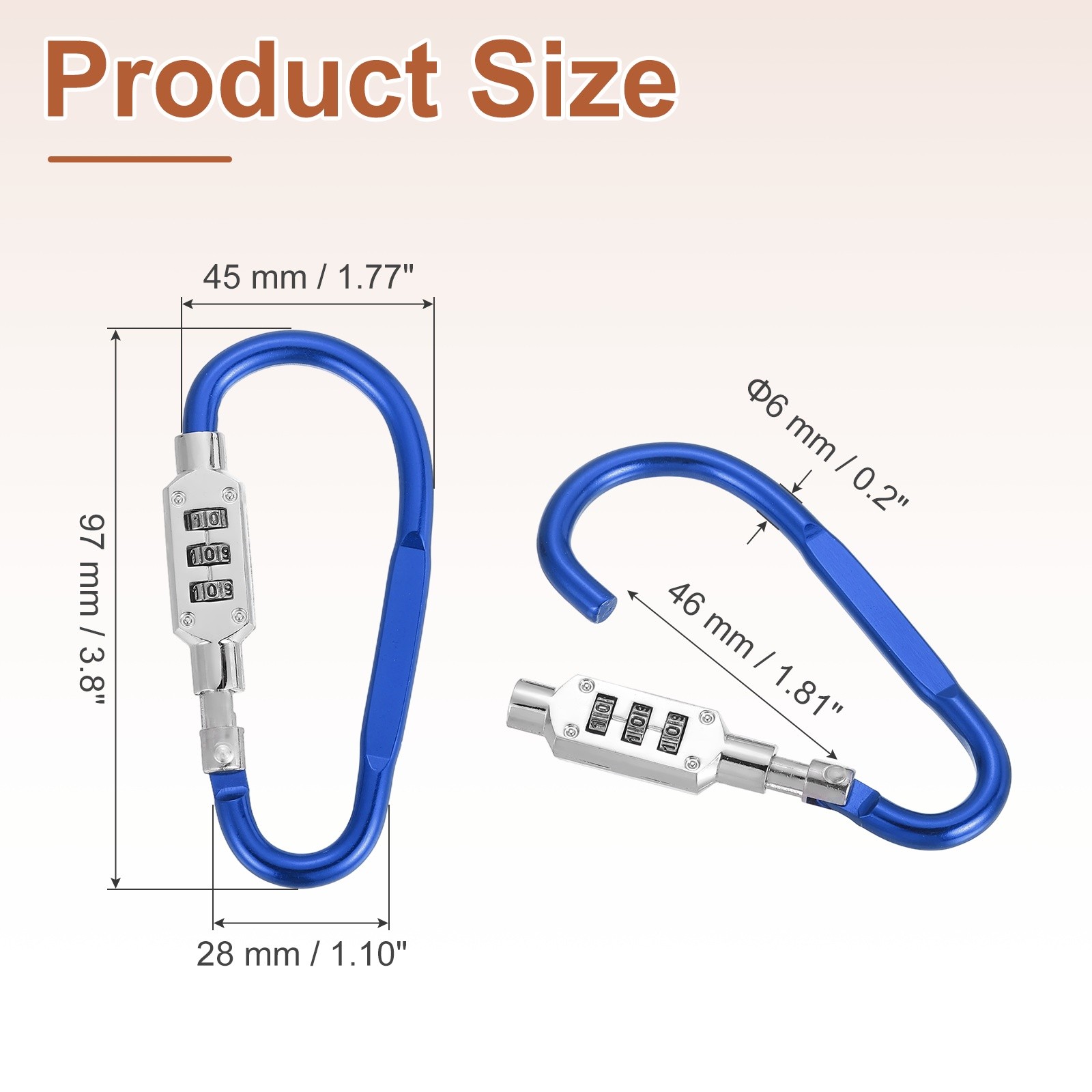 3.8" x 1.8" D-Shaped 3-Digit Code Combination Lock D-Ring Clip Locking, Blue