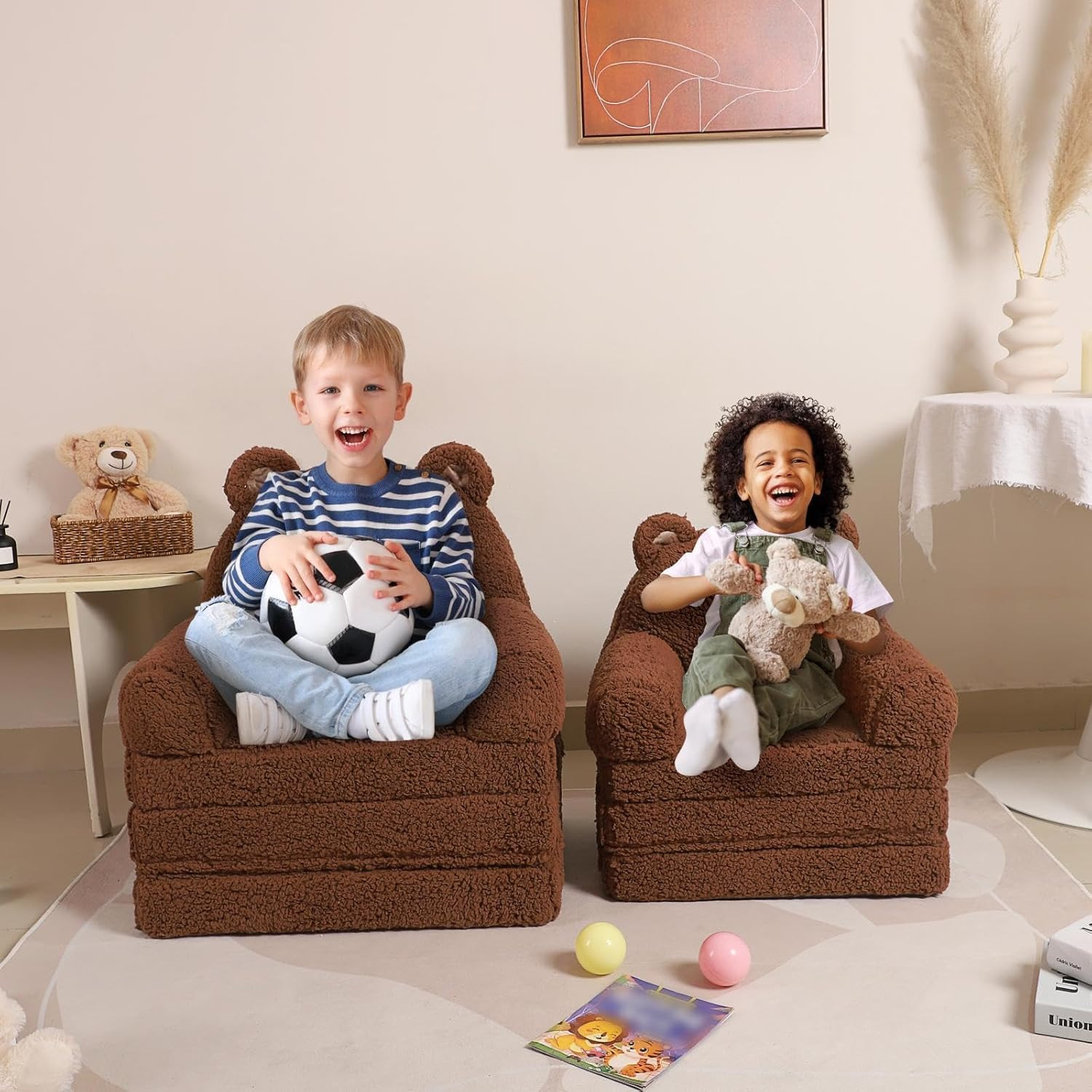 Kids Sofa, Sherpa Couch with Tri-Layer Foam Cushions, Comfy Seating for Kids Age