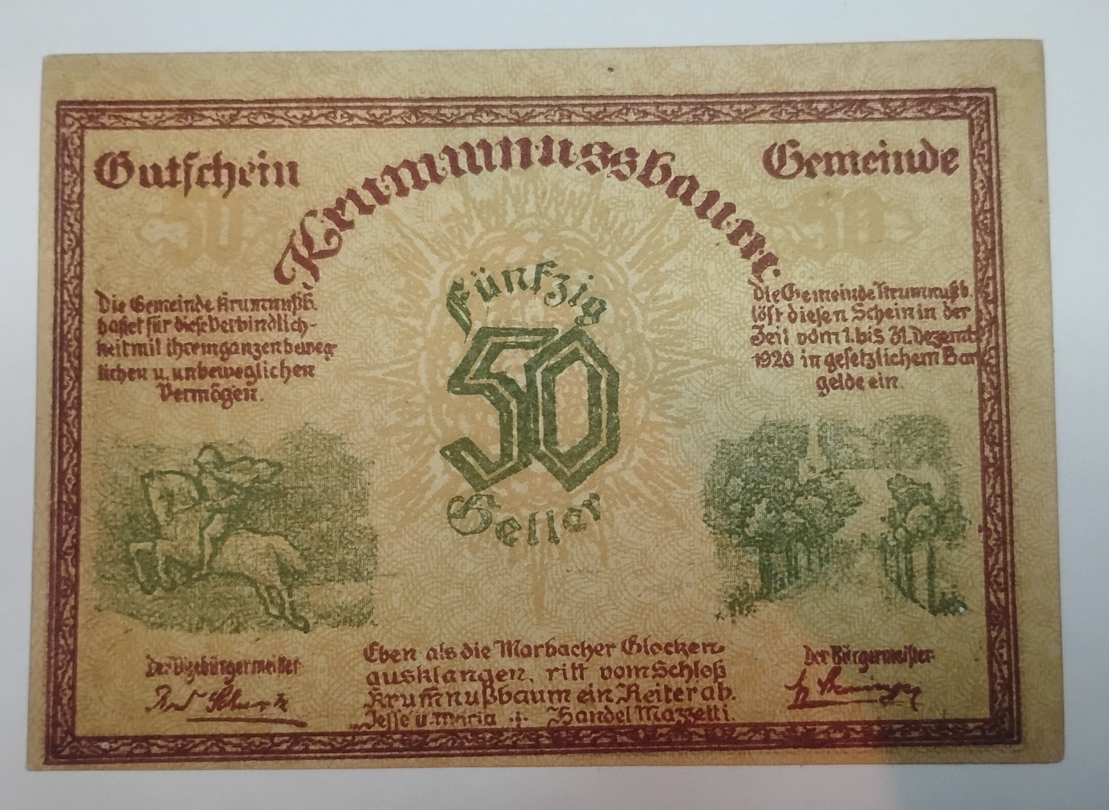 50 HELLER 1920 City of KRUMMNUSSBAUM Lower AUSTRIA Notgeld  LOOK