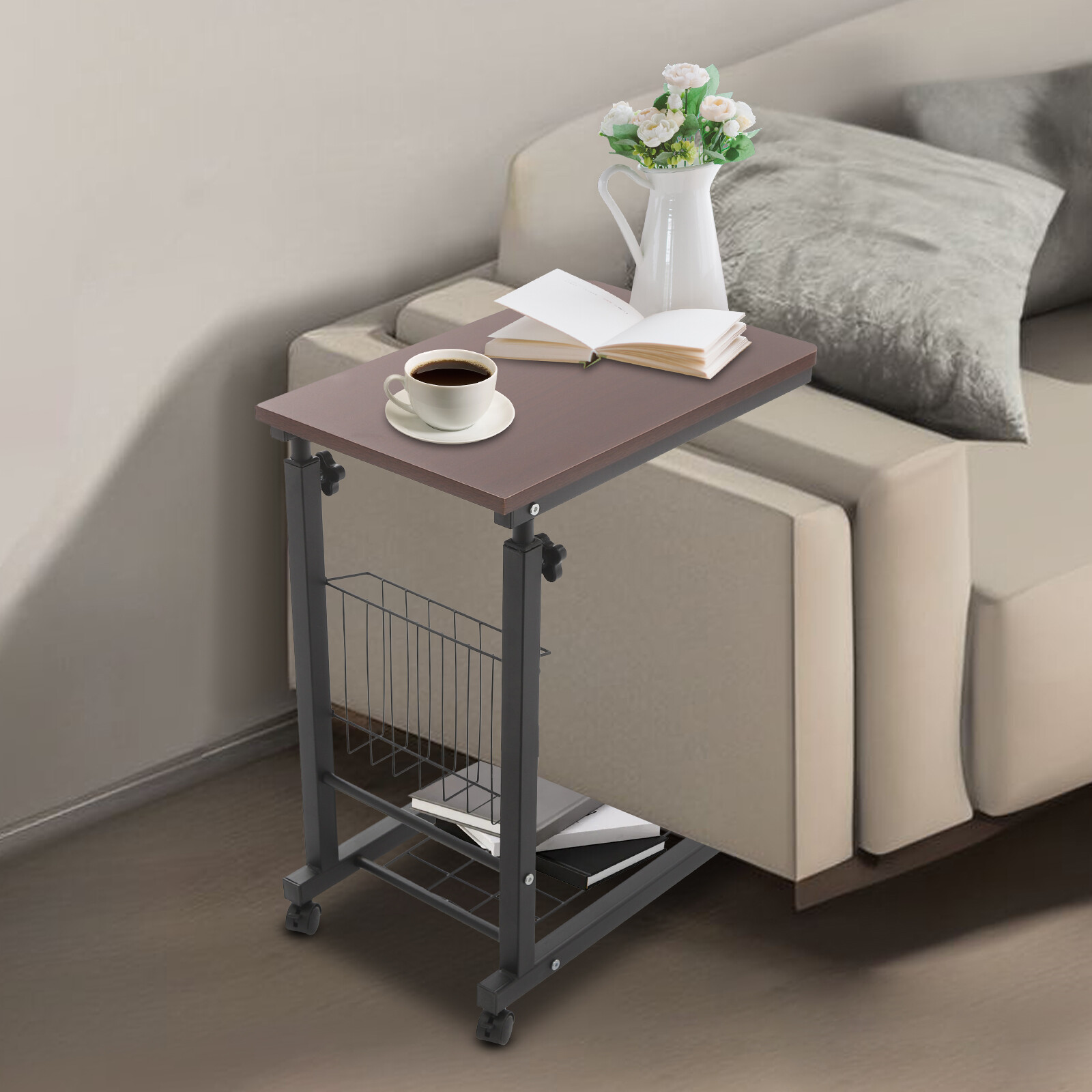 Adjustable Bed Side Table, Side Table with Wheels, Mobile Standalone TableUS