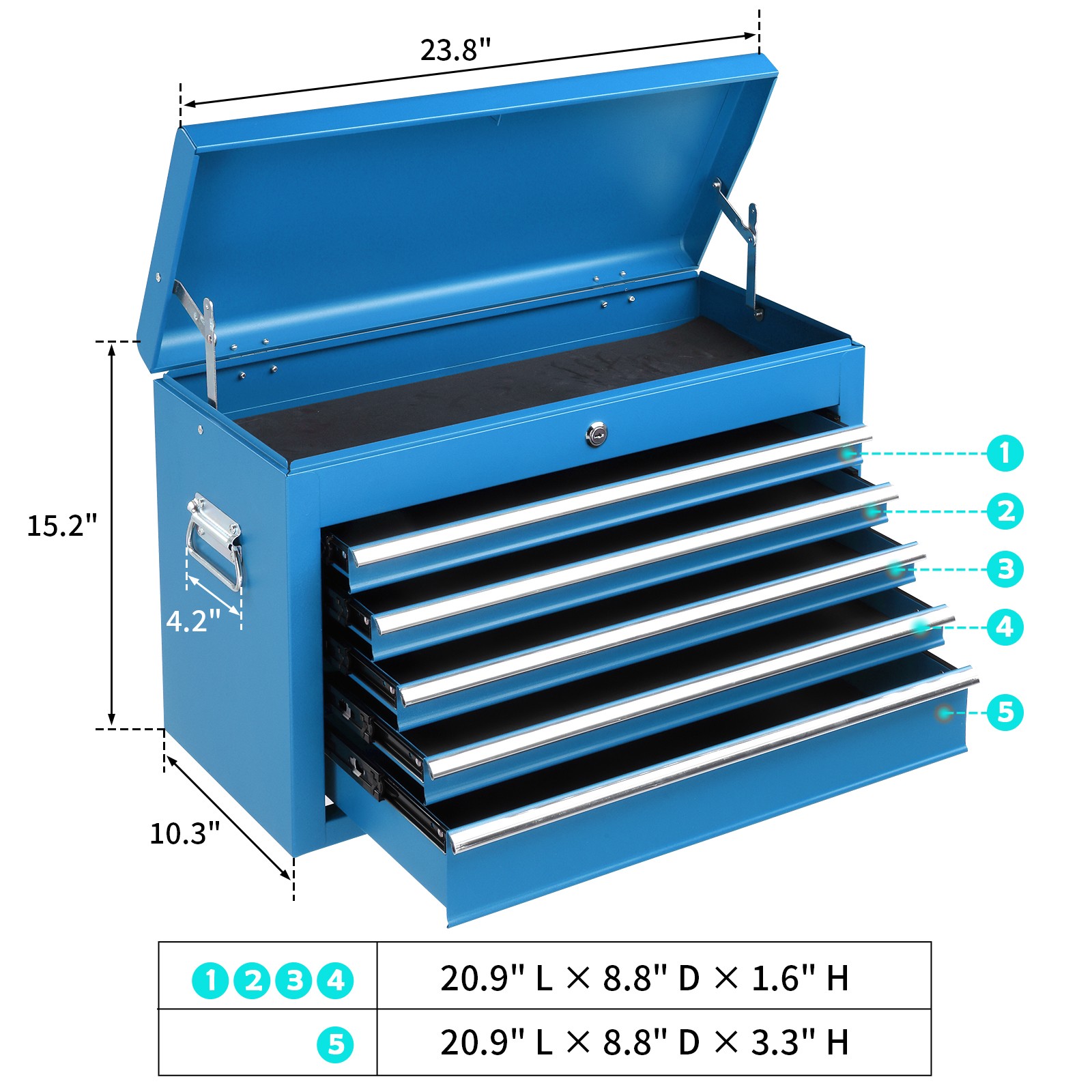 Blue Tool Chest Steel Tool Storage Box with 5 Drawers & Locking System & Keys