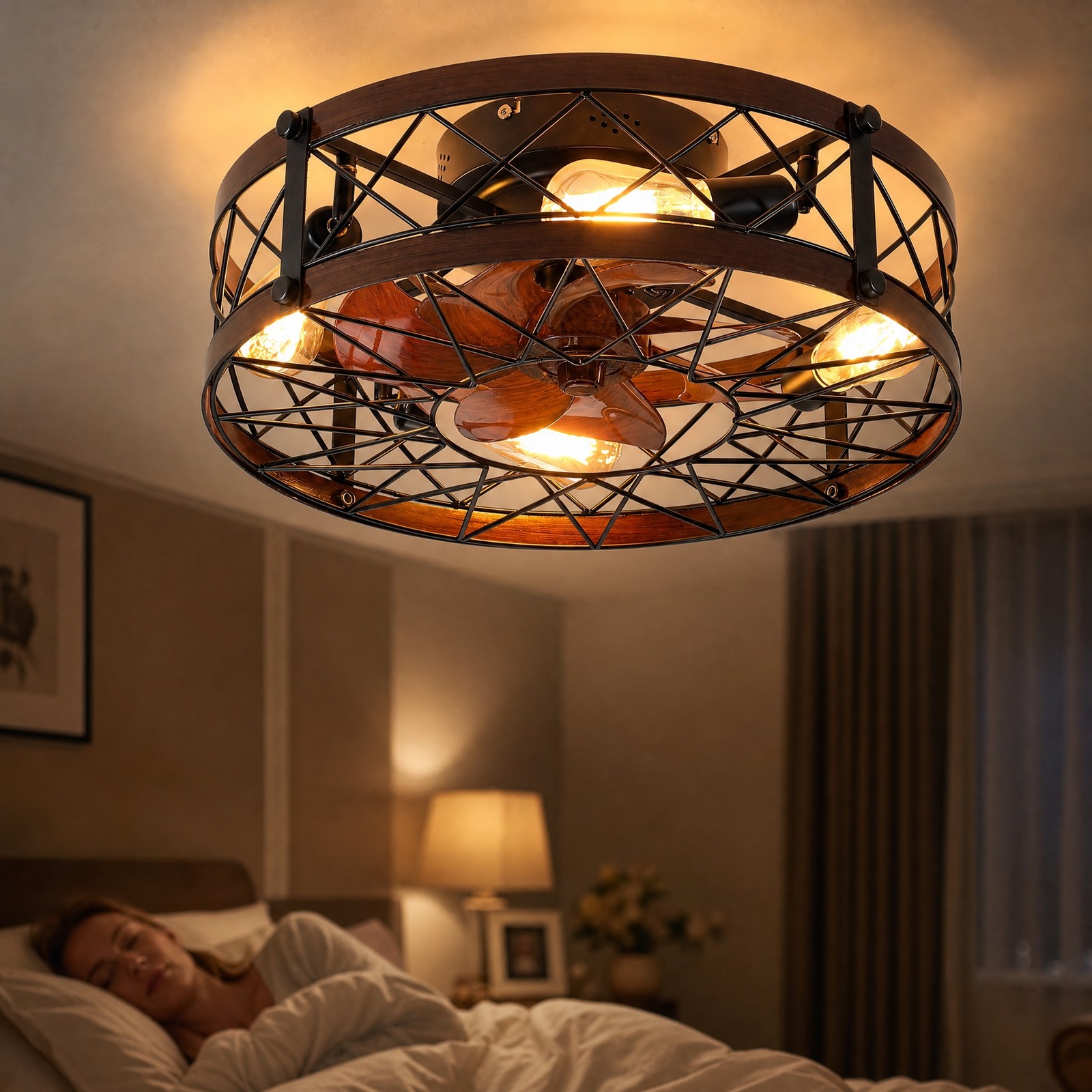 20 inch Rustic Black Caged LED Ceiling Fan with Light Flush Mount Remote Control