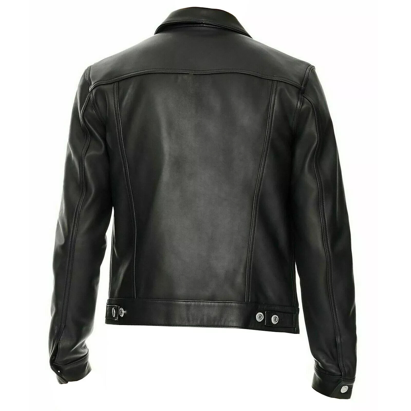 New Trendy Men Real Sheepskin Black Denim Style Soft Leather Trucker Jacket