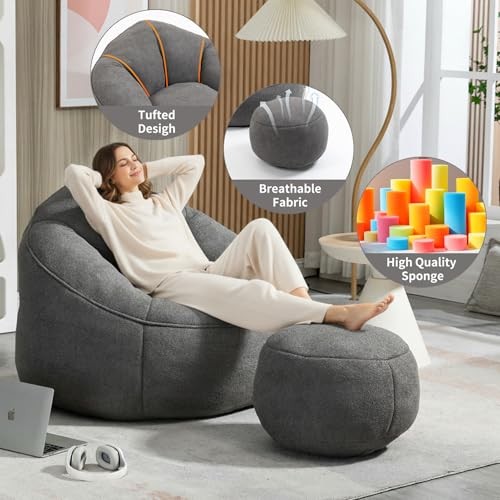 Bean Bag Chairs, Gaint Bean Bag Couch with Memory Foam for Adults and Grey