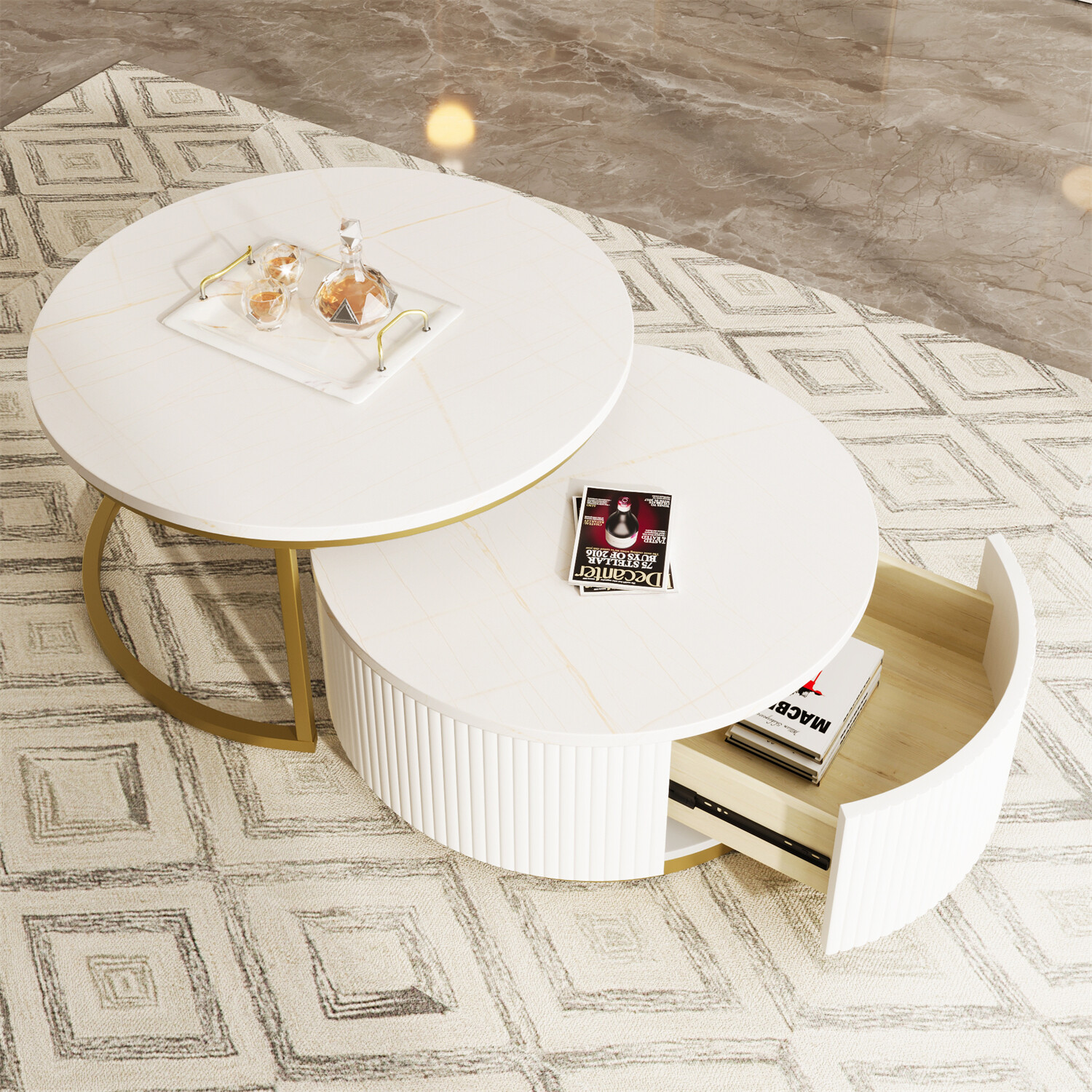 Round Nesting Coffee Table Center Cocktail Table w/ Drawers for Living Room US