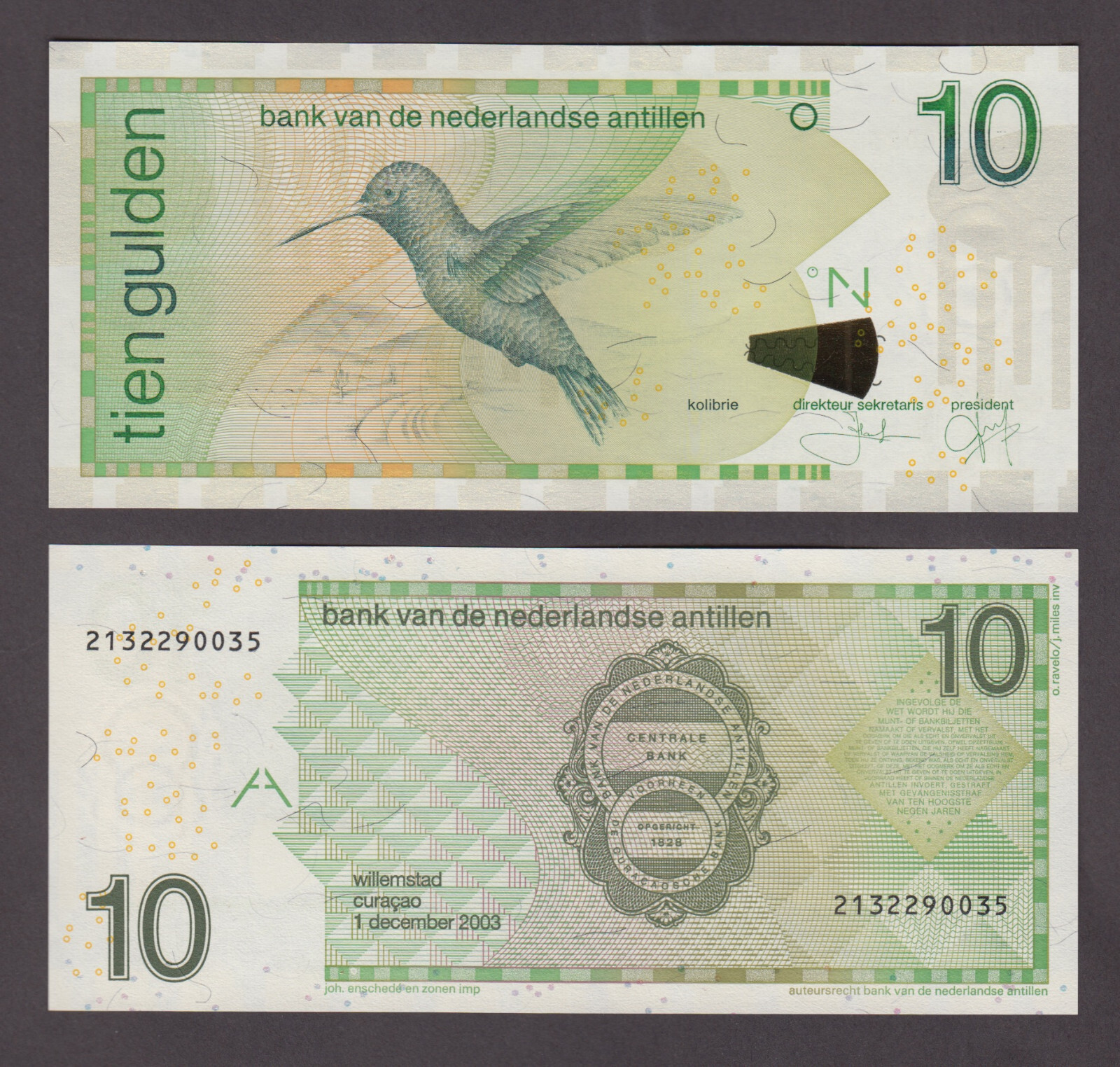 NETHERLANDS ANTILLES  P.28c  10 GULDEN 1.12.2003 COLIBRI BIRD  UNCIRCULATED 2112