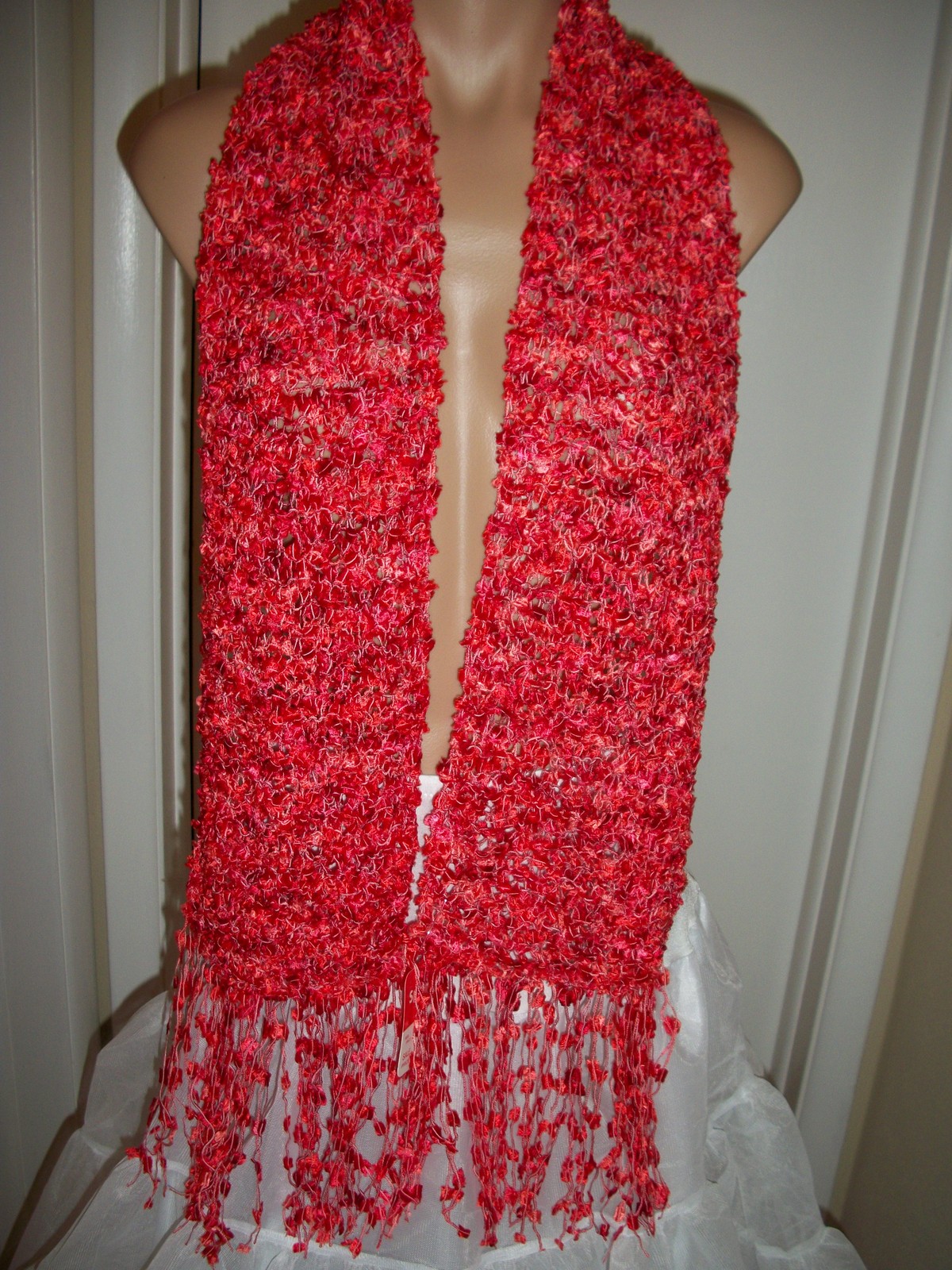 NEW - HAND KNIT CROCHET SHAWL  WRAP  SCARF RED COLOR  SIZE 65" x 10" INCHES