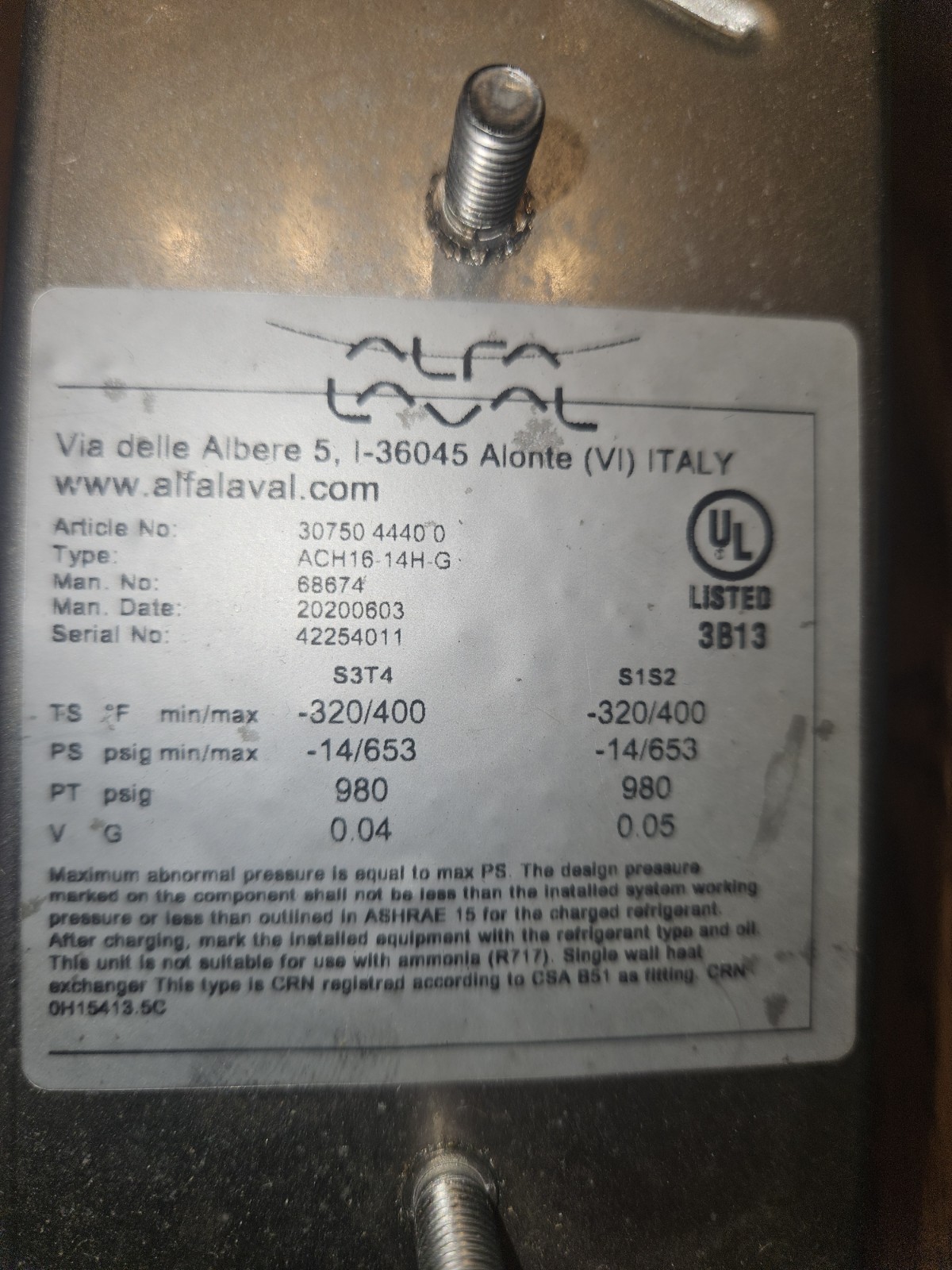Alfa Laval Ach16-14H Braze Plate Heat Exchanger