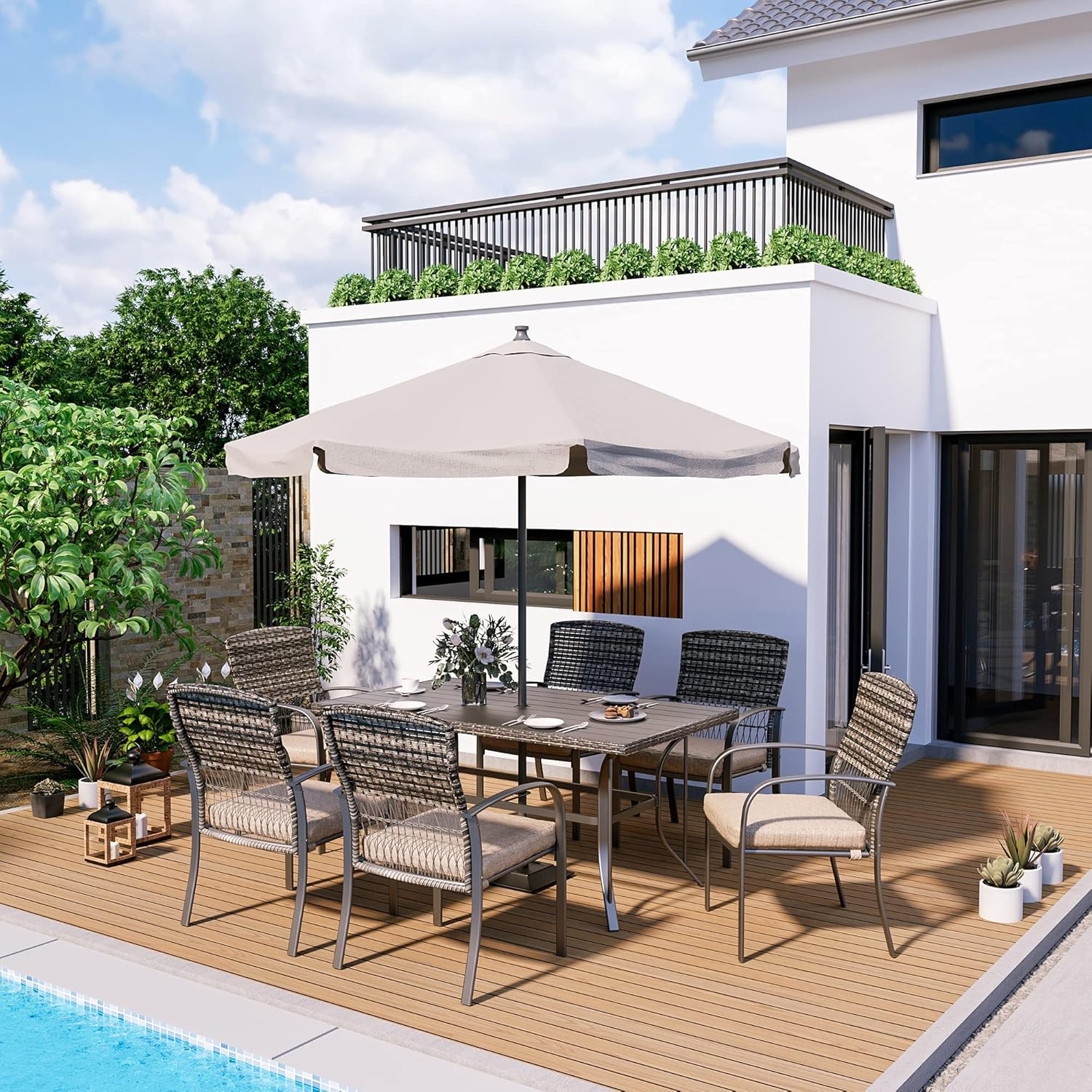 Pamapic 8504 Patio Dining 7 Piece, Outdoor Wicker Furniture Set for Backyard Gar