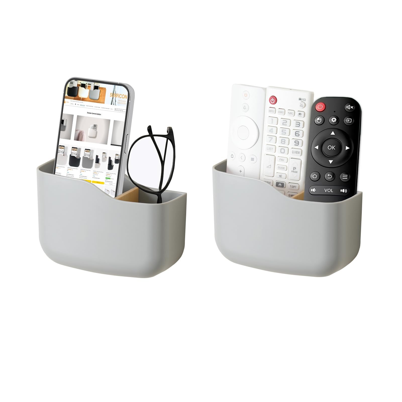 Wall Mount Remote Holder Organizer 2 Pack Gray Plastic Bedside Caddy