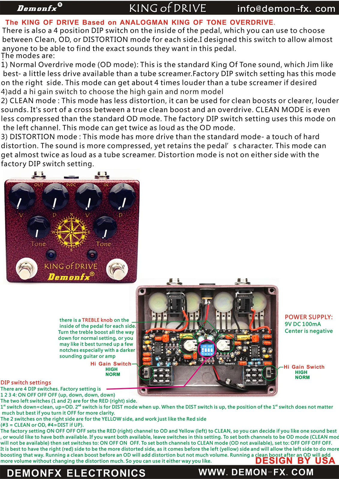 Demonfx King Overdrive Guitar King Distortion Effect Pedal 4position DIP switch