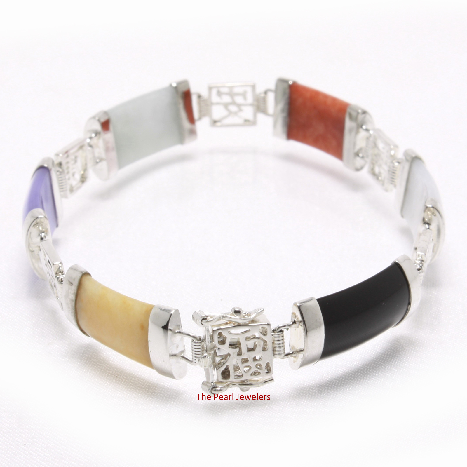 Multi-Color Jade Bracelet with Chinese Characters – Sterling Silver 925