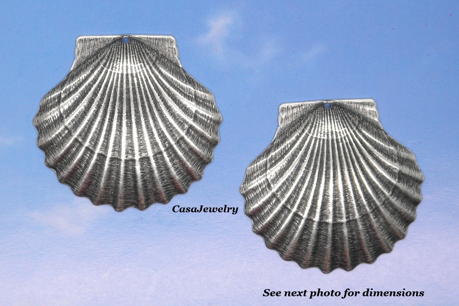 #0065 ANT'D .925 STERLING SILVER PLATED SCALLOP SHELL W/TOP HANG HOLE - 2 Pc