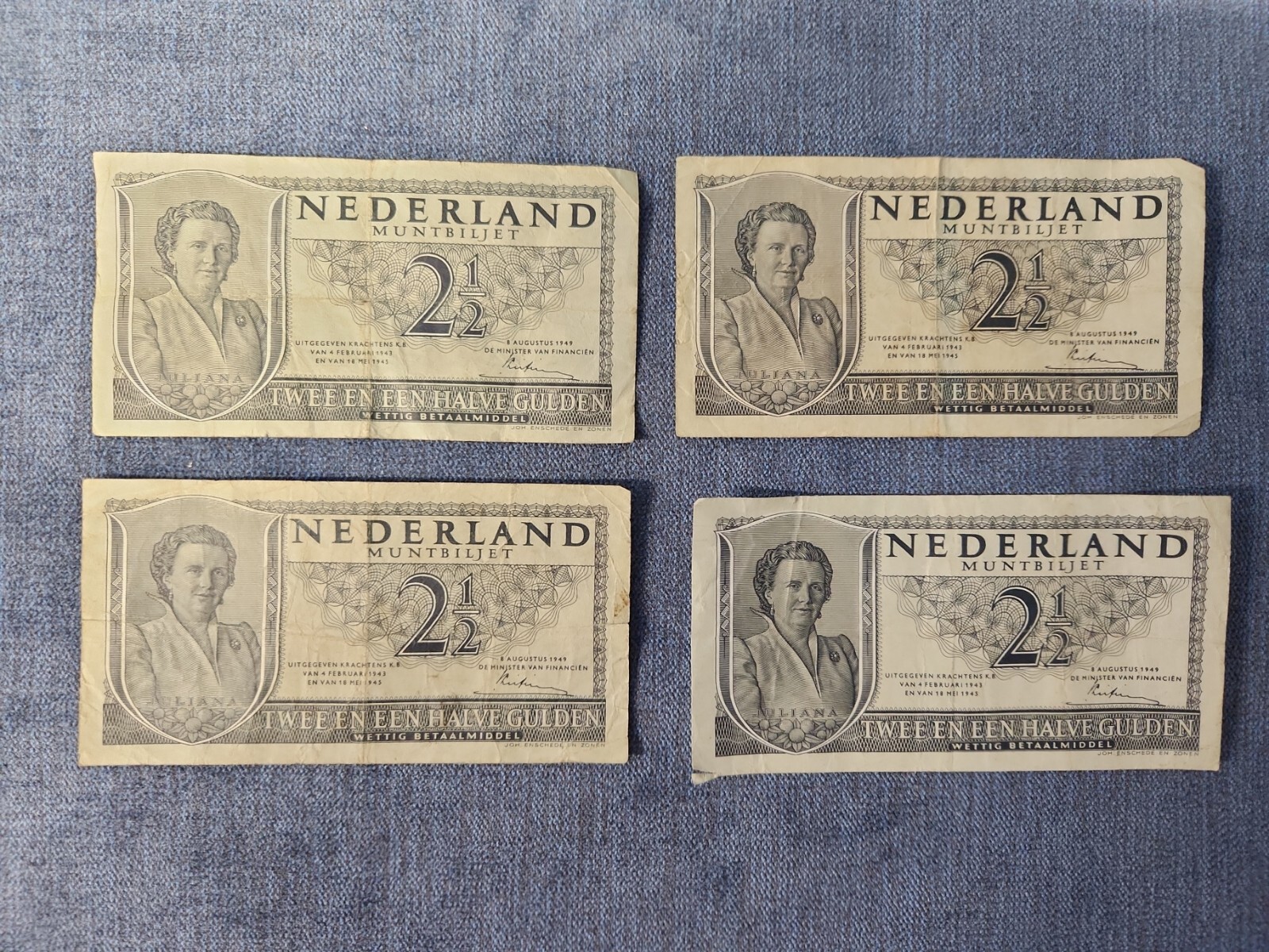 4 Nederland 2 1/2 Gulden 1949 Circulated Bank Notes Bills Netherlands u-1F