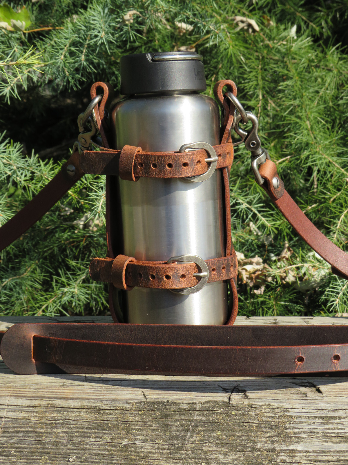 Full Grain leather water bottle holder, bottle carrier hand made adjustable