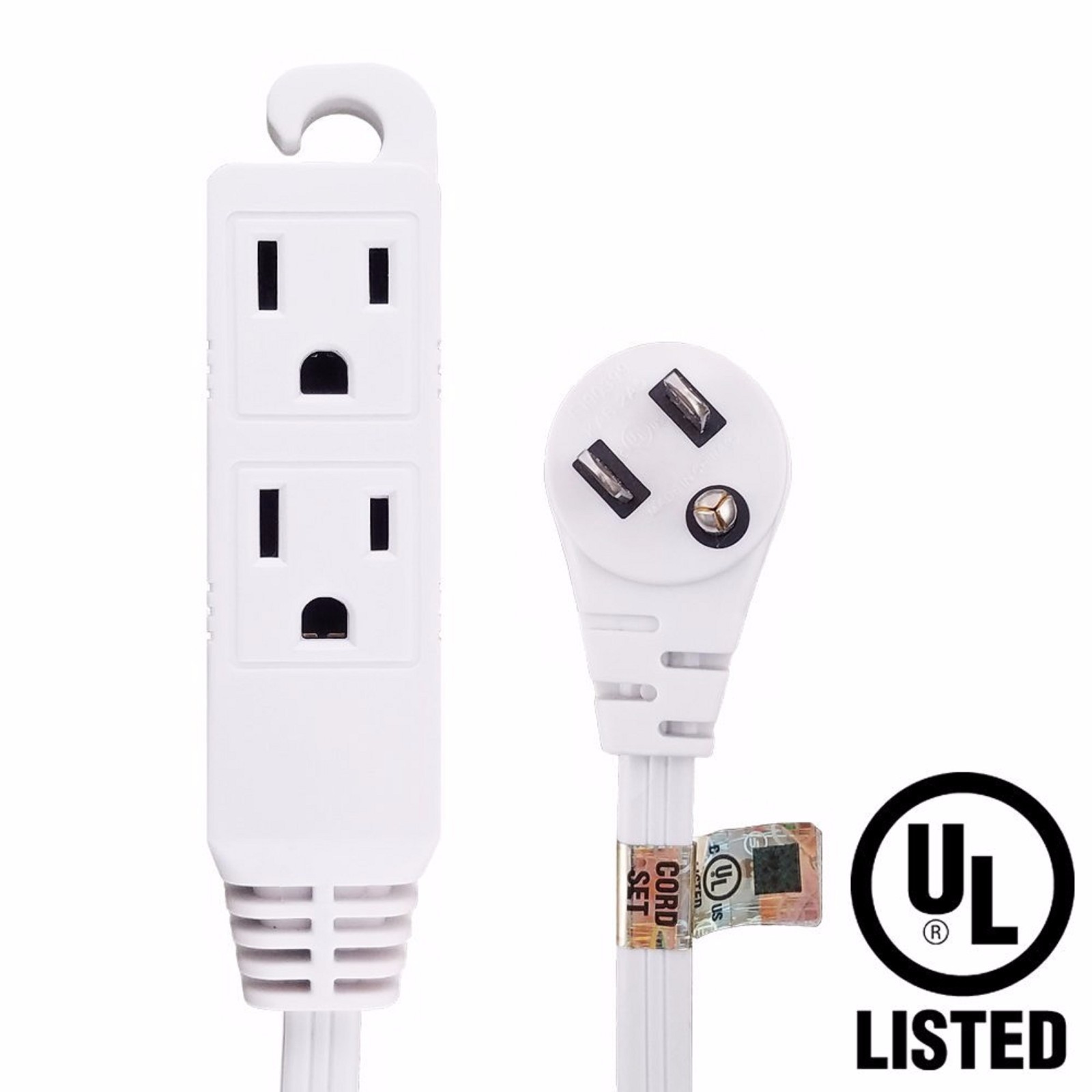 Flat Angle Plug Extension Cord 16/3 Grounded 3-Outlet Tap 12-Ft White UL Liste