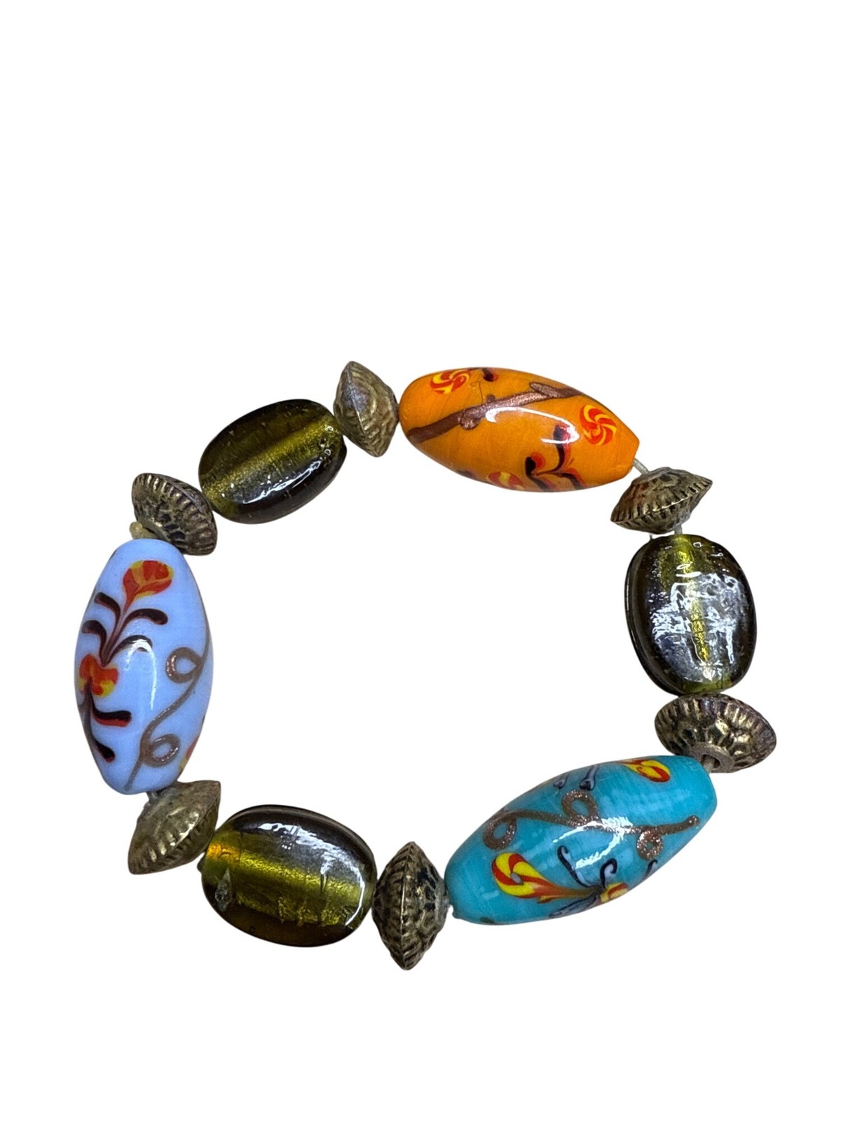 Handmade Lampwork Glass Bead Bracelet Multicolor Murano Style Boho Jewelry