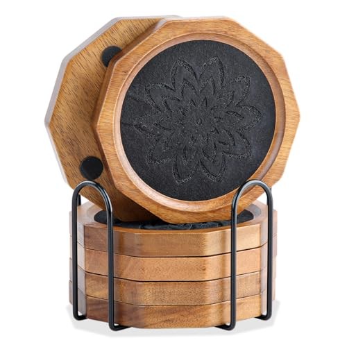 Wood Coasters for Drinks Absorbent with Lip, 4.3 Inch Rustic Acacia Black Felt