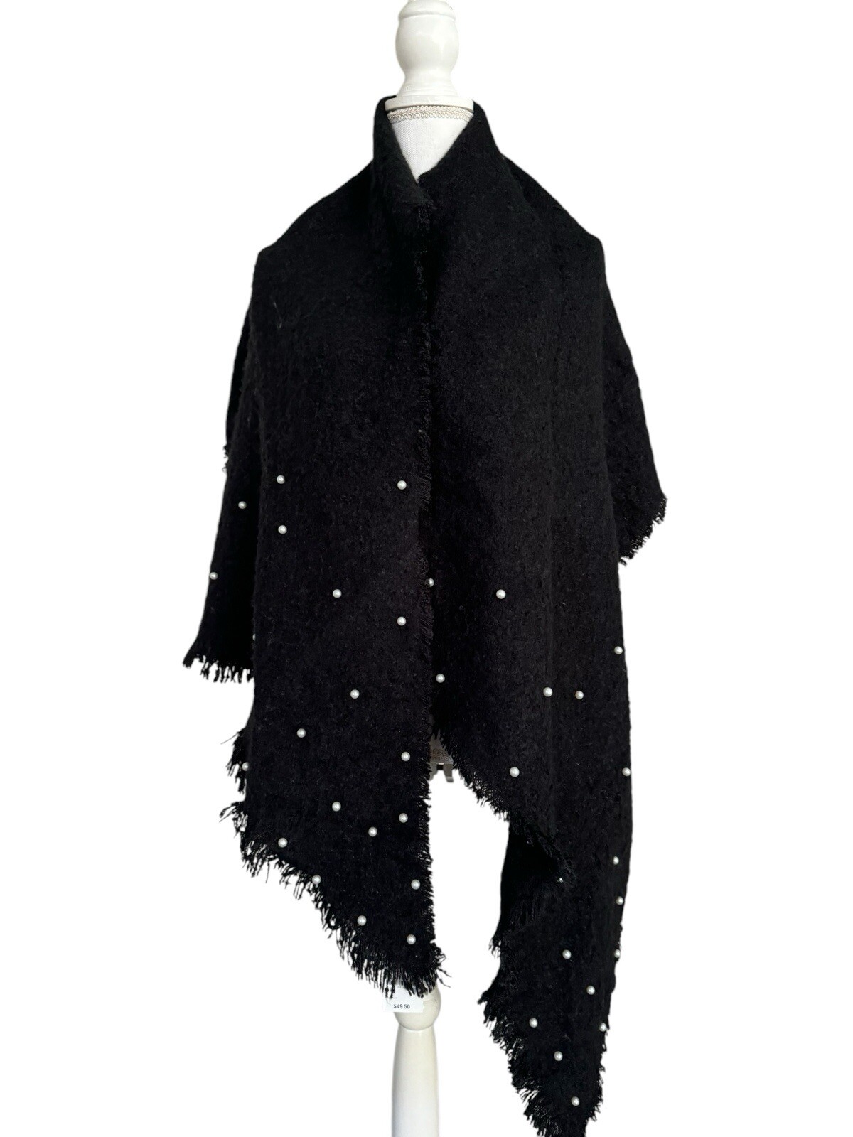 INC Black Faux Pearls Boule Fringe Scarf Wrap $50 NWT #MQ23
