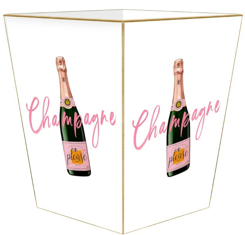 MARYE-KELLEY, CHAMPAGNE PLEASE, WHITE WOODEN WASTEPAPER BASKET, GOLD TRIM, NEW