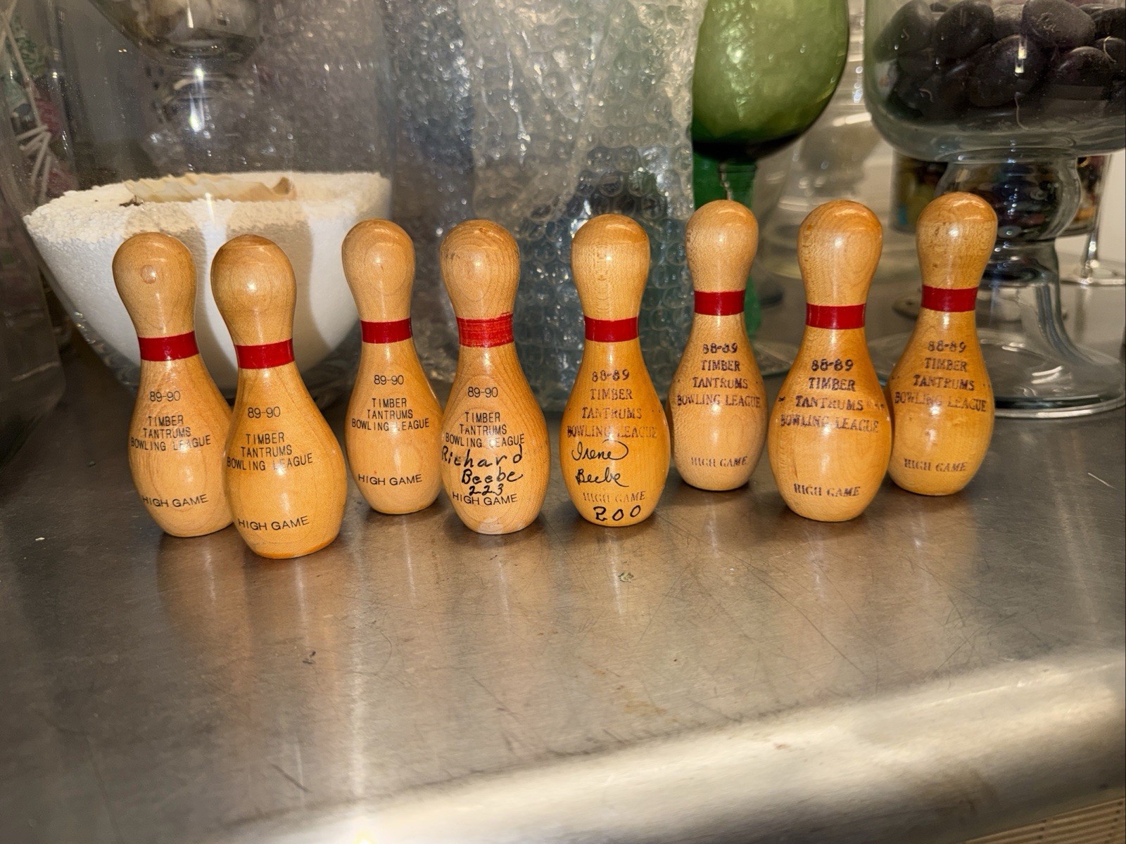 Vintage Mini Bowling Pins Lot 8 Wood Trophy League Pins 1988-1990 Set