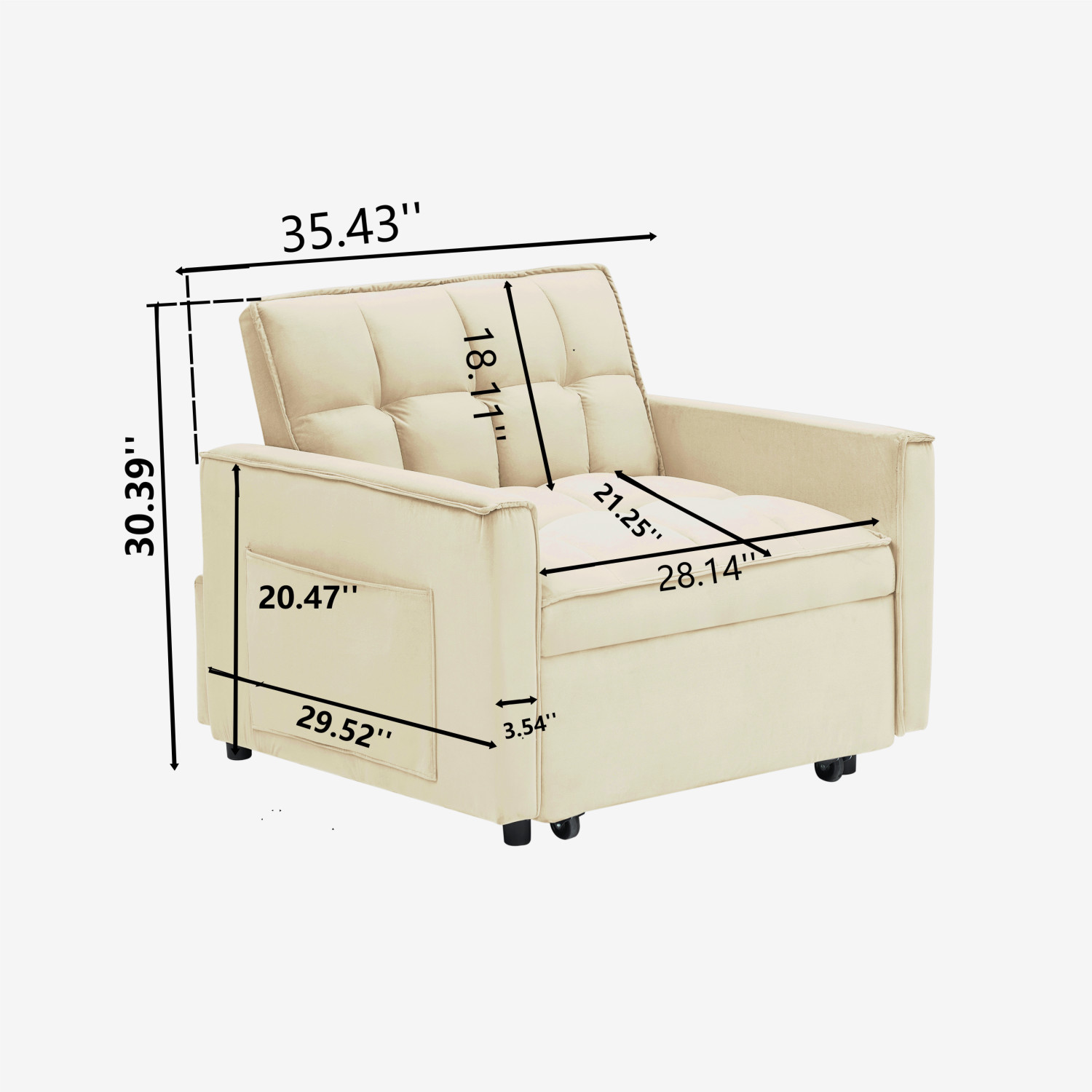 Modern Velvet Convertible Sofa Bed 3 in 1 Folding Adjustable Back Sleeper Chair